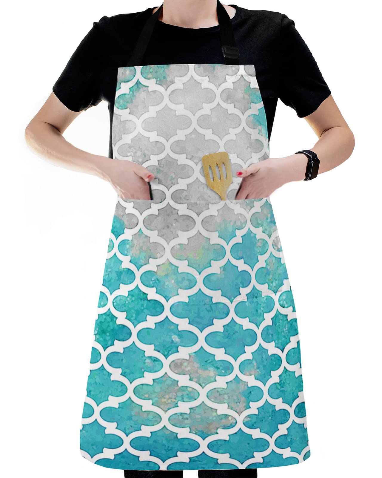 LBDEKOR Waterproof Chef Apron with Pockets for Men Women, Watercolor Green Moroccan Kitchen Apron Adjustable Cooking Apron