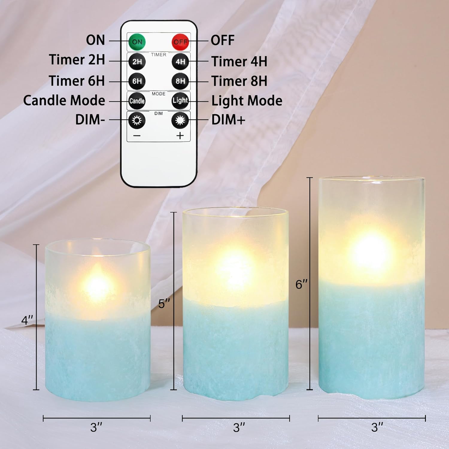 Blue Flameless Candles with Remote, Battery Operated LED Flickering Candles with Timer Sandblasted Glass LED Pillar Candles for Wedding Room Home Summer Ocean Decor