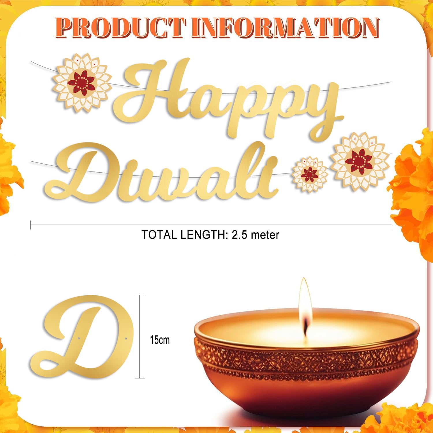 Happy Diwali Gold Letter Banner - Festival of Lights Decorations for Indoor Outdoor House Party - Hindu Celebration Supplies - Image 2