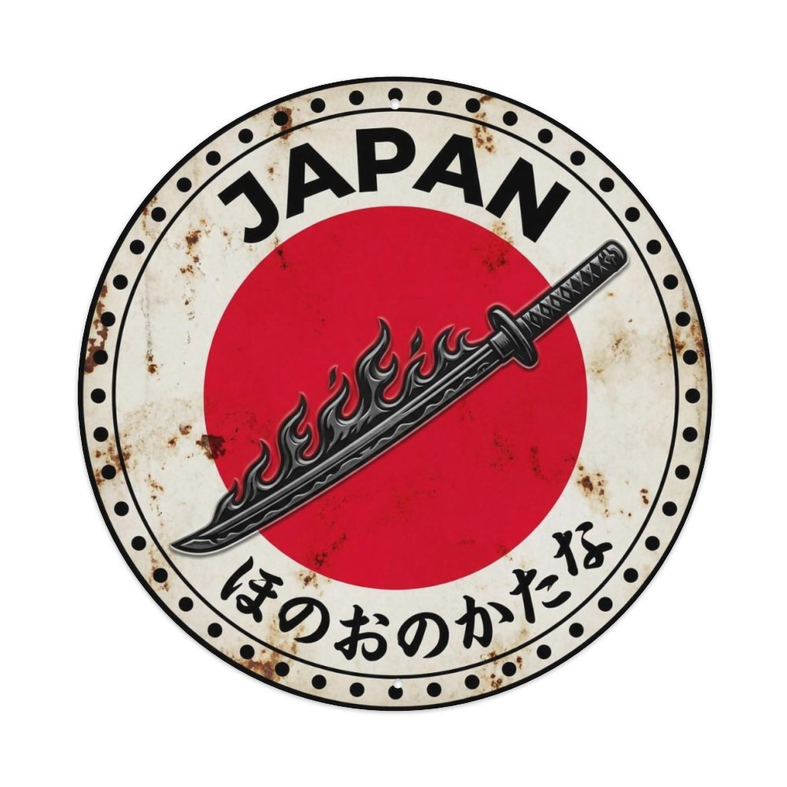 Flame Sword Japan Blade Weapon Weathered Metal Tin Sign