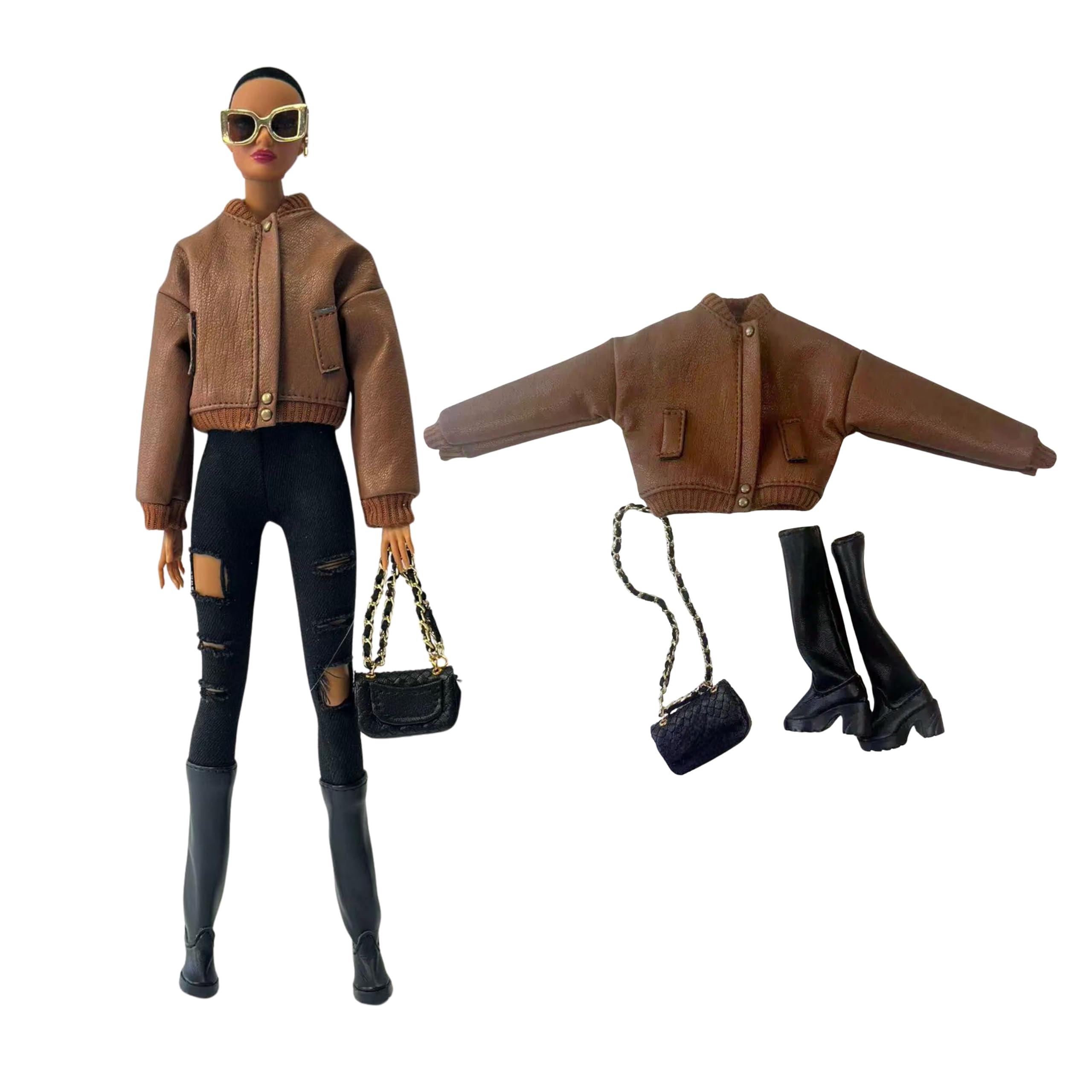 Conjunto de ropa de muñeca de moda, chaqueta de bombardero con botas de combate y bolsa de cadena, para muñecas de 11.5 a 12 pulgadas, BJD 1/6 (chaqueta bomber marrón)