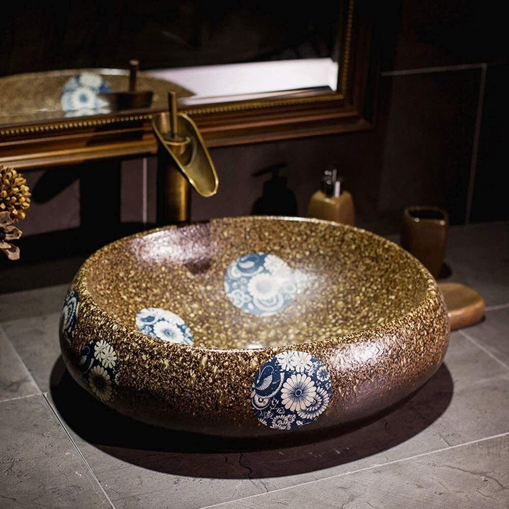 Lavelli della nave, Bagno Nave Sink Hotel di Lusso Art Sink 19 "Sopra il contatore Bagno Vessel Lavello Vanità V-Tire Ovale Porcellana Imitazione Pietra Modello Controsoffitto Bowl Sink