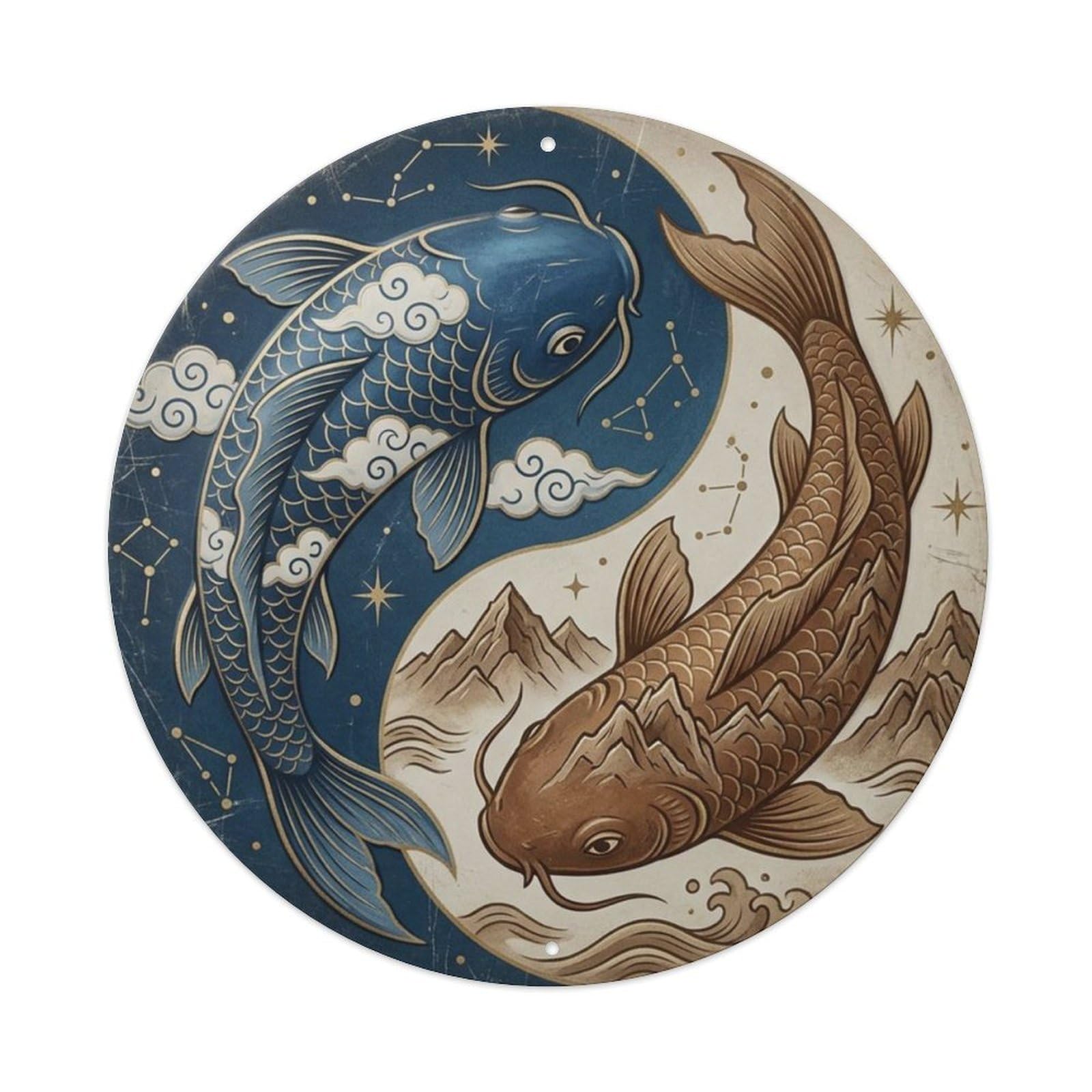Fqcyn Style Heaven Earth Harmony Koi Yin Yang Metal Tin Sign Plaque Wall Decor For Cafe, Club Bar, Office, Home Garden Round Metal Poster 8X8inch