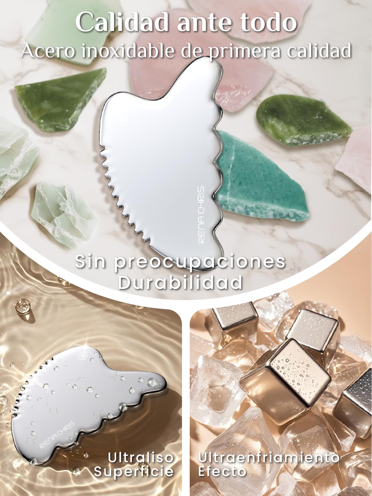 Rena Chris Gua Sha Metal Facial Masajeador,Piedra GuaSha Facial de Acero Inoxidable para Esculpir la Línea de la Mandíbula,Eliminar las Bolsas de los Ojos, Regalos para el Cuidado de la Piel(Plateado)