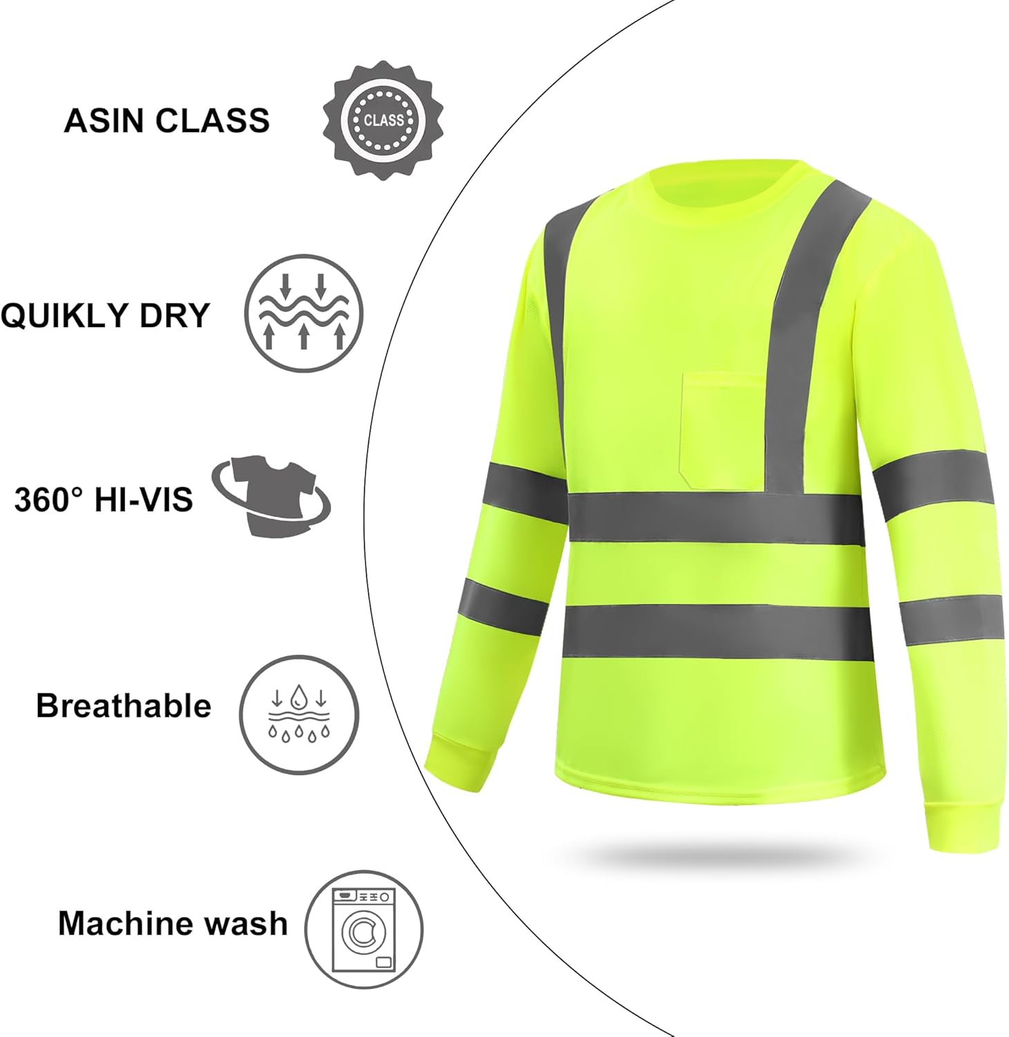Hi Vis Safety Long Sleeve Shirts for Men, Reflective Construction Work Shirt Fast Dry with Pocket 6 Pack - Image 4