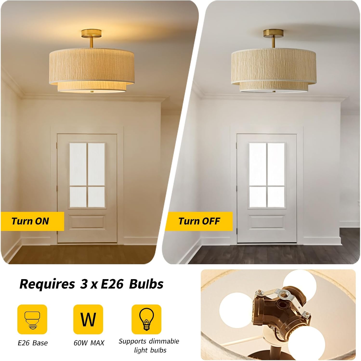 16" Double Drum Semi-Flush Mount Ceiling Light, 3-Light Xuan Paper Shade Design, Farmhouse Gold Light Fixture for the Living Room, Bedroom, Kitchen, Dining Room, Entryway, and Hallway 4 71IXO4BYZsL. AC SL1500