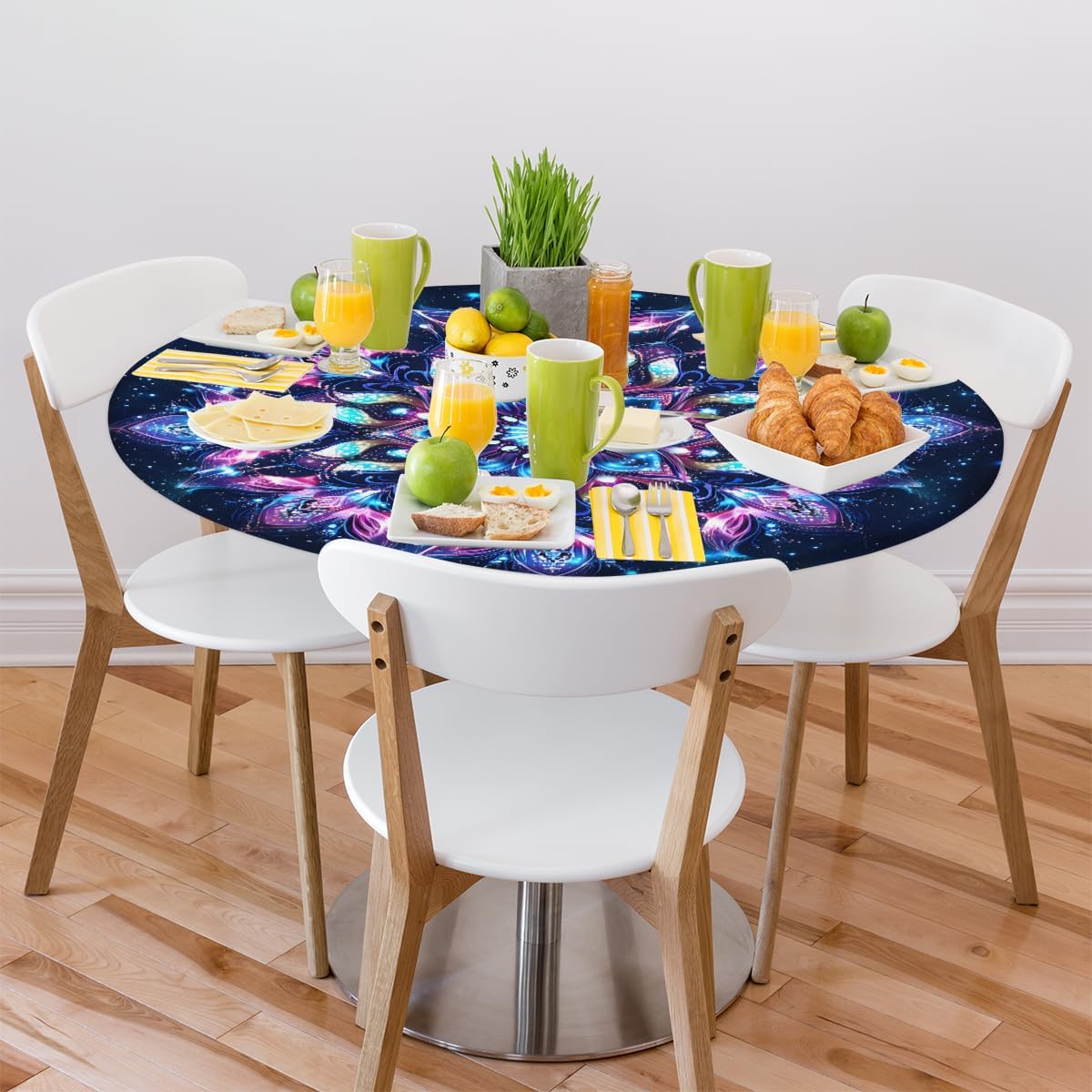 Mandala Rainbow Ethnic Round Tablecloths with Elastic Mandala Flower Fitted Round Table Cloth Wipeable Washable Circle Table Covers for Dinner Patio Party Indoor Outdoor Kitchen Decor (Fit 45-50 In)