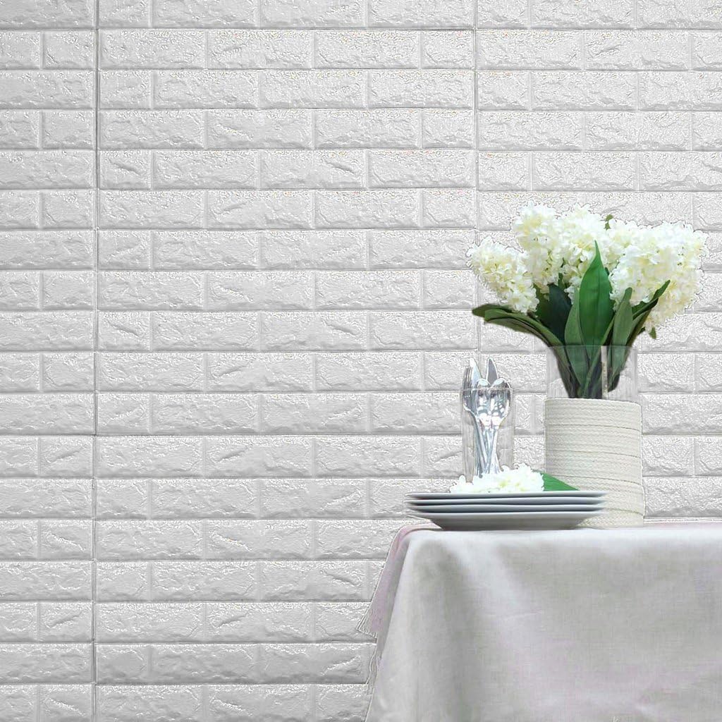Lukzer 3D Brick Peel & Stick Wallpaper | Self-Adhesive Removable Waterproof Foam Wall Panels, 8mm Thick Wall Stickers for Bedroom, Kitchen & Living Room (White, 70×77 cm, Pack of 8) | CH-353-8