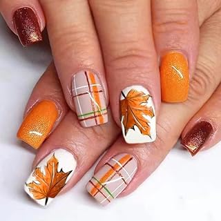 Fall Press on Nails Medium Square Fake Nails with Maple Leaf Glitter Design Check False Nails Glossy Holiday Stick on Nail Reusable Full Cover Orange Glue on Nail for Women Manicure 24Pcs