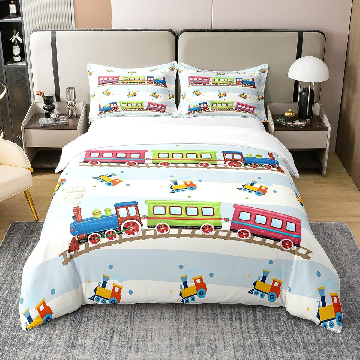 Loussiesd Zug 100% Baumwolle Bettwäsche Set 135x200cm Auto Vehies Drucken Bettbezug Set Nette Züge Betten Set für Kinder Bettwäsche Ultra Weich Raum Dekor Bettbezug Reißverschluss Verschluss