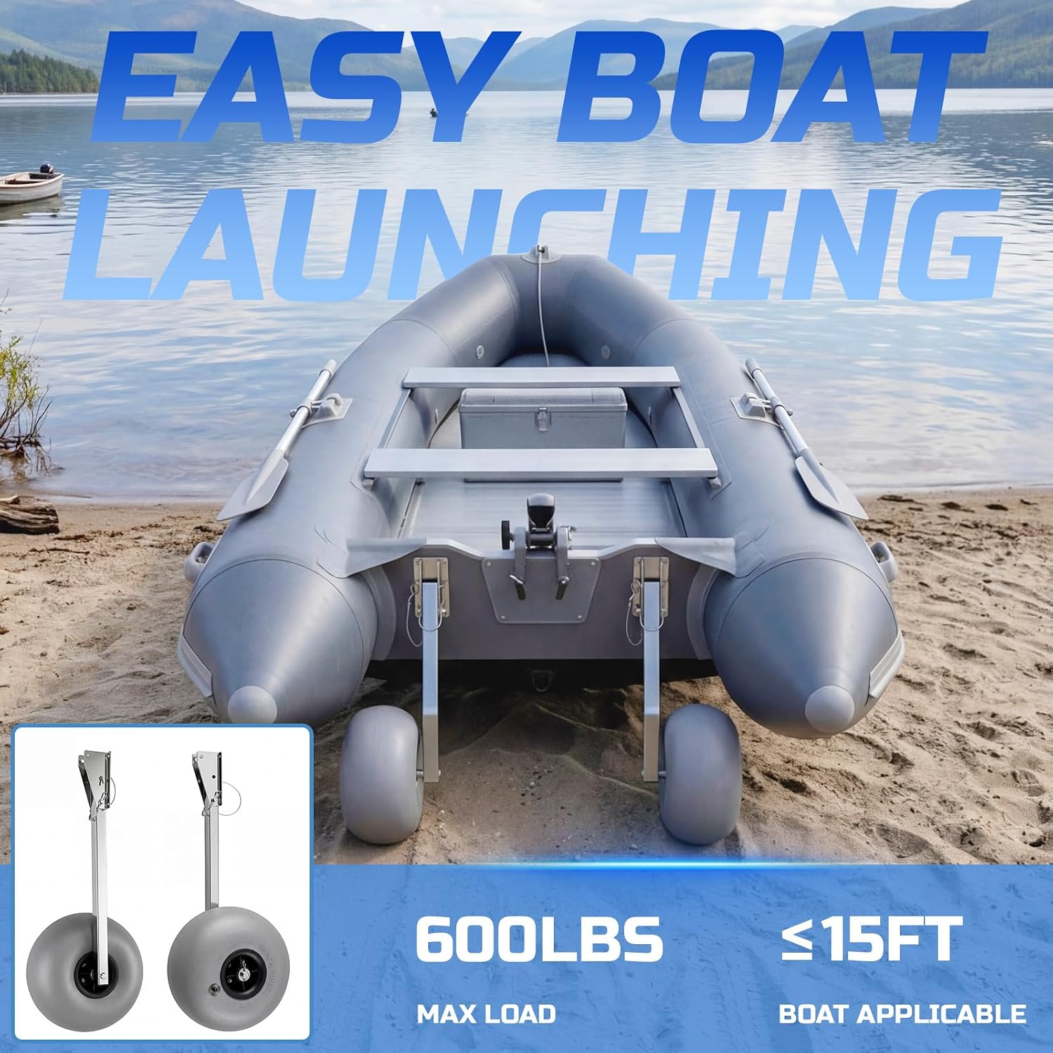 Boat Launching Balloon Wheels 12 x 7 Inch Detachable Transom Dolly for Small Boats, Stainless Steel Transom Dolly, 600lbs Capacity, 12in Inflatable Wide Tires for Sand, Durable & Versatile