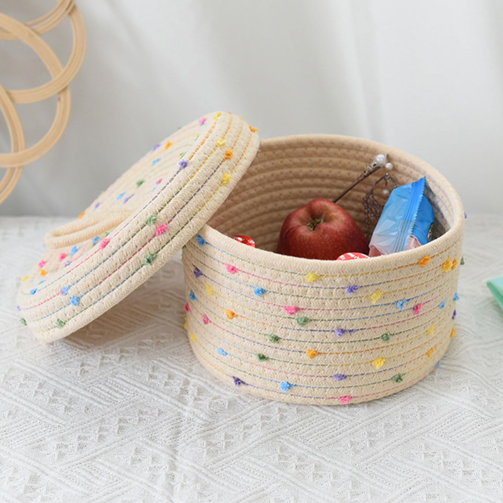 PANGBOER Paquete de 2 cestas de almacenamiento de cuerda de algodón resistentes con tapa para organizar llaves de cuerda y juguetes en elegantes diseños de colores