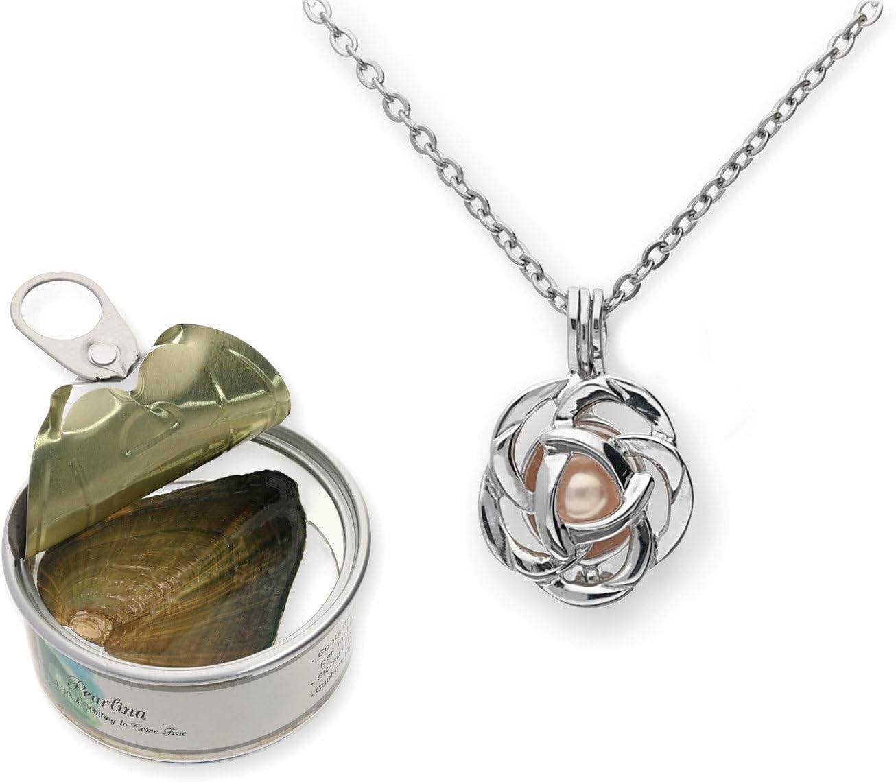 Rose Flower Cultured Pearl Oyster Necklace Set Silver Plated Pendant w/Stainless Steel Chain 18"
