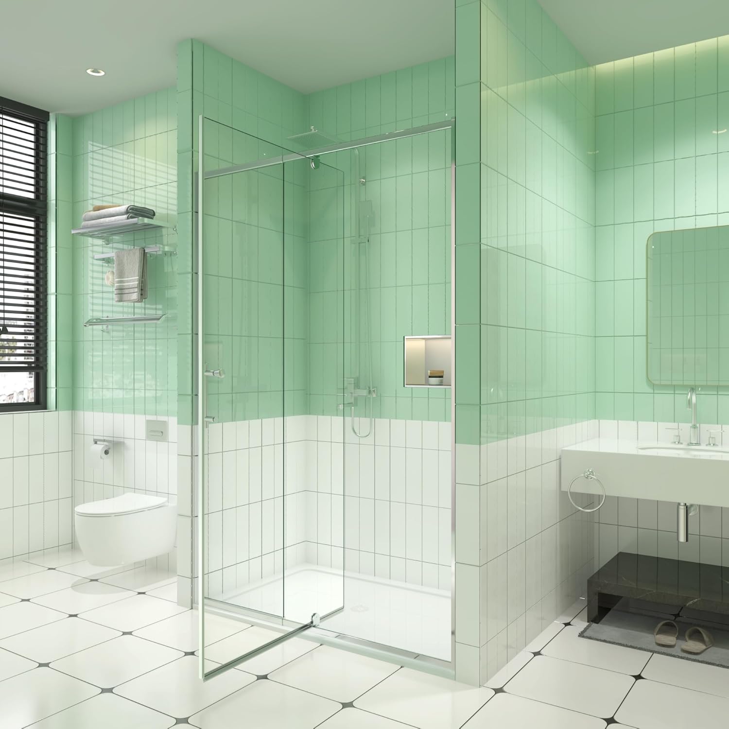 Shower Door 44-48" W x 71" H Frameless Pivot Swing Shower Door, Chrome Finish, 1/4" (6mm) Clear SGCC Tempered Glass Shower Doors, Reversible Installation, Modern Bathroom Shower Enclosure