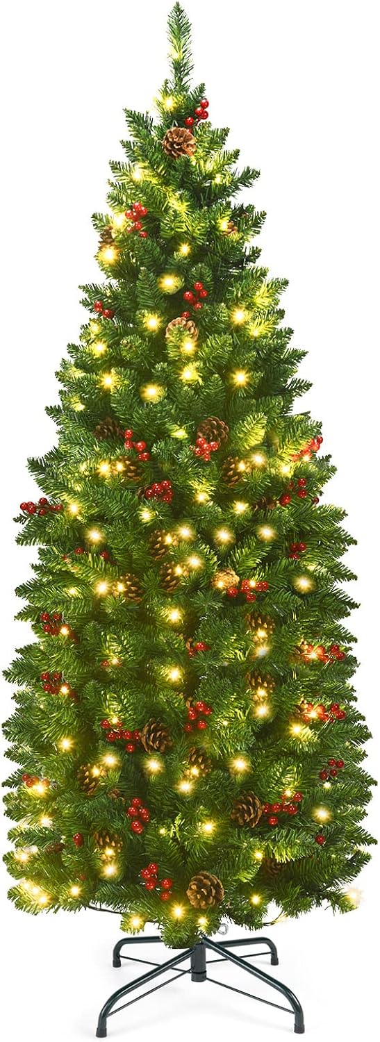 Goplus 4.5FT Pre-Lit Pencil Christmas Tree with 150 LED Lights, Hinged Artificial Slim Xmas Tree w/ 452 Branch Tips, Premium PVC Needles (4.5FT)