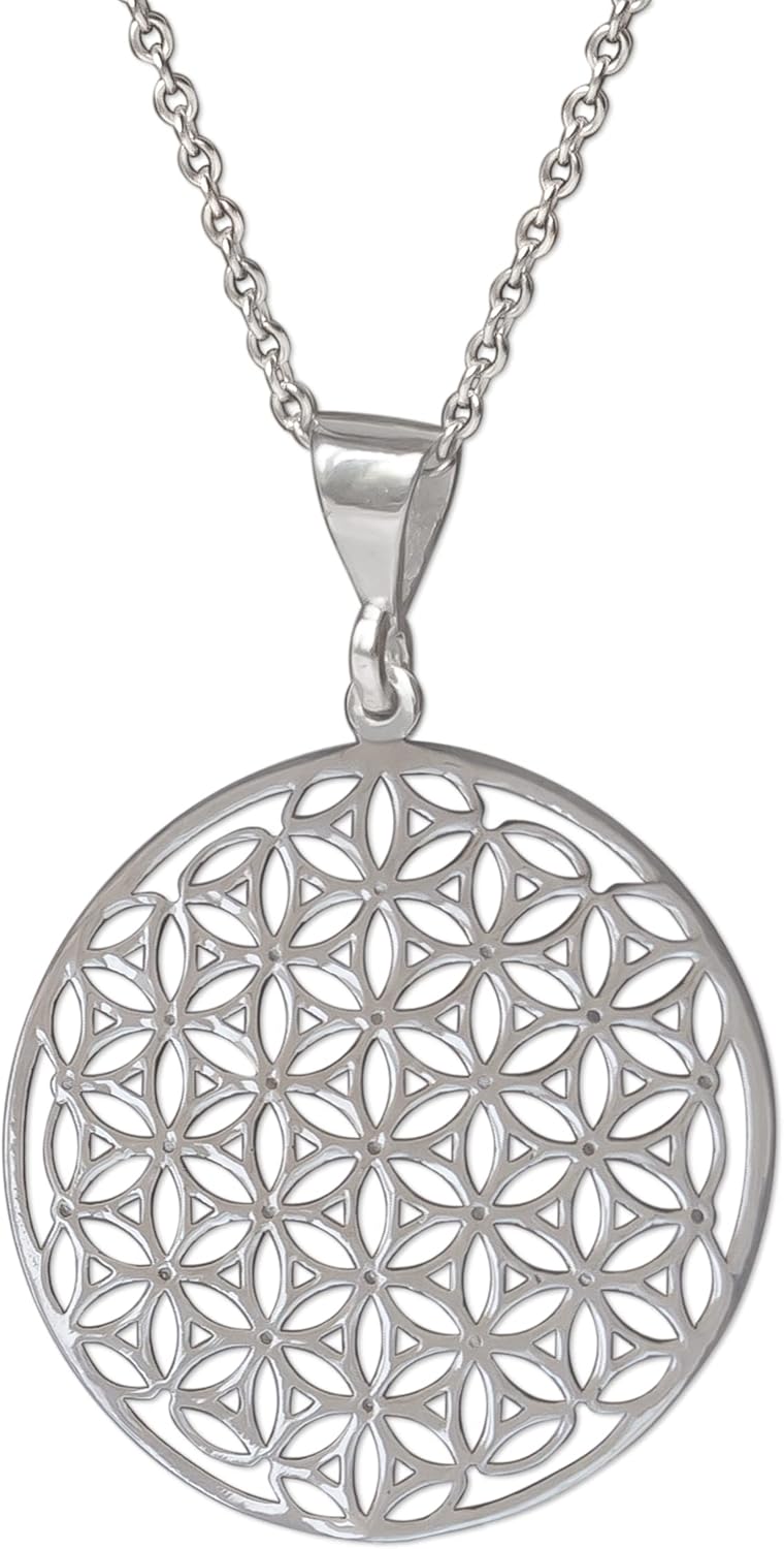 Mandala Necklace Sterling Silver 925 - Sacred Geometry Circle Pendant with 19.7" Chain - Spiritual Esoteric Amulet - Boho Hippie Yoga Jewelry for Women Girls - Handmade