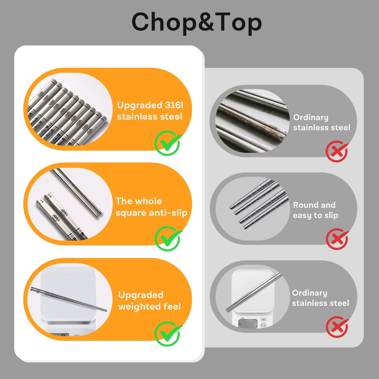 Stainless Steel Chopsticks Set of 5 Pairs, Dishwasher Safe, Non-Slip Design, Rust-Resistant, Durable Chopsticks for Everyday Family Use — Amazon image 6
