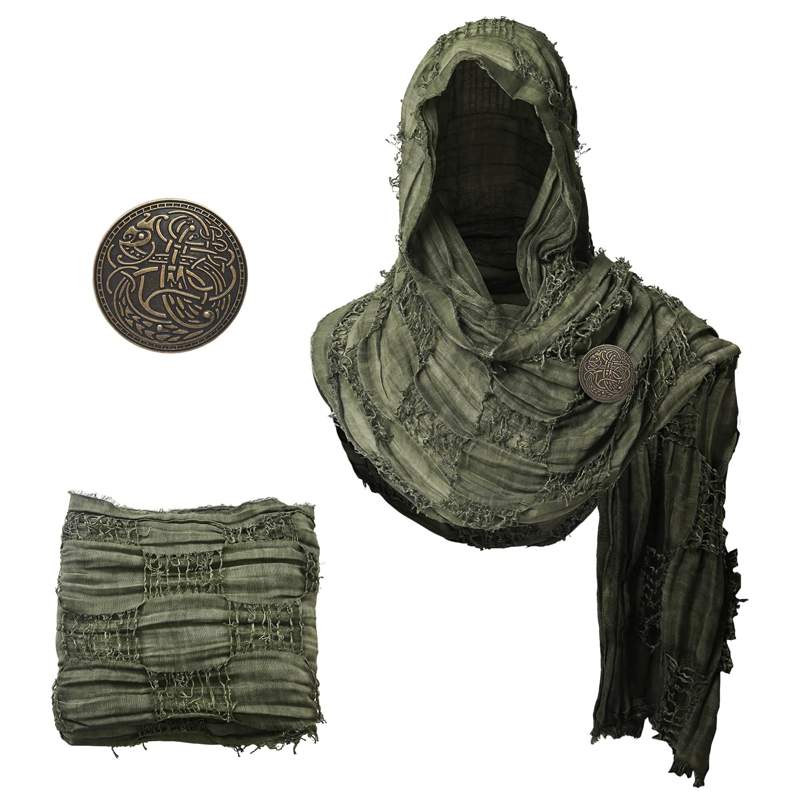 LLTTEER Medieval Scarf Cowl with Brooch, Vintage Viking Cowl Hooded Shawl, Renaissance Hood Cloak for Halloween Cosplay,Green