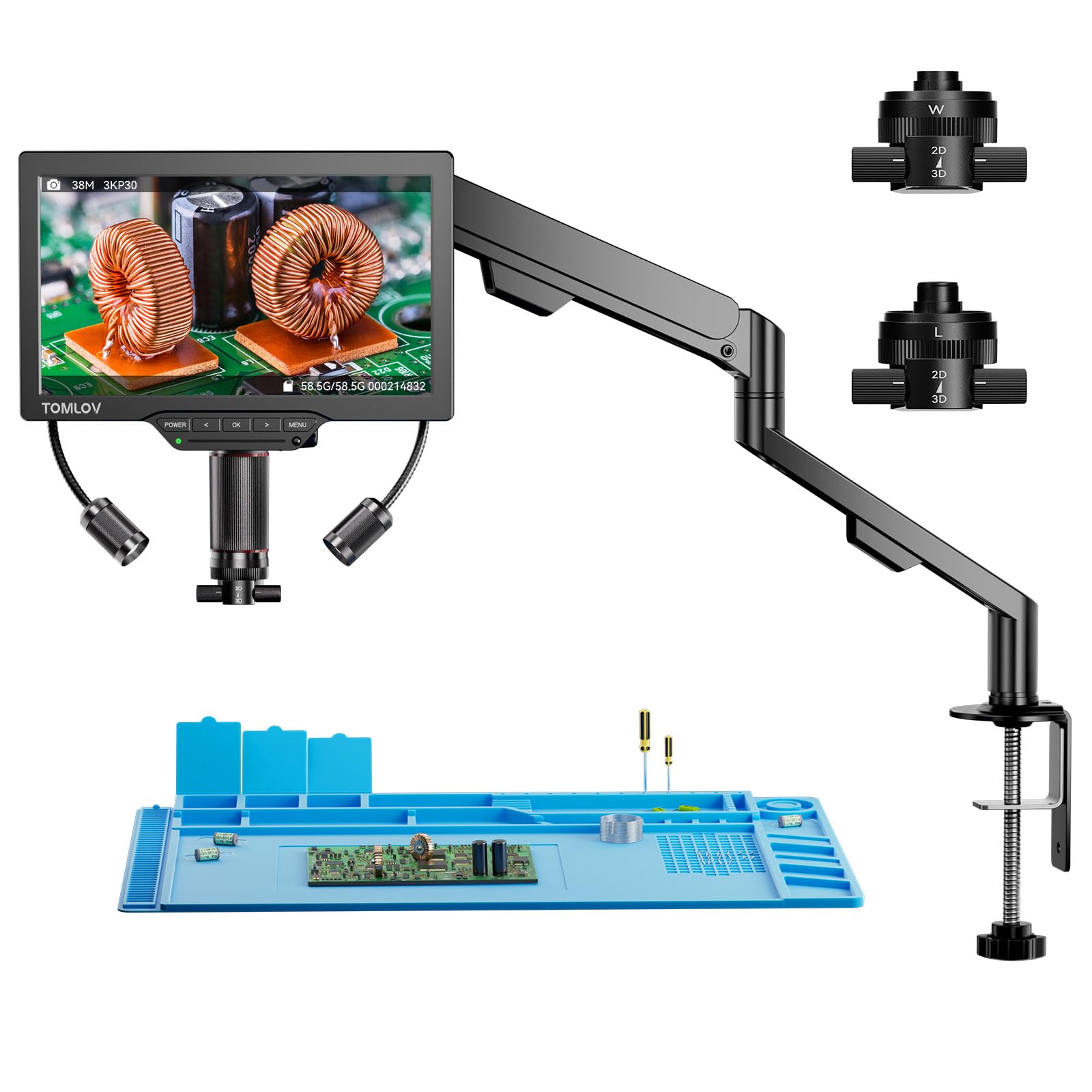 TOMLOV 3D Digital Soldering Microscope: Magnetic Dual Lens Micro Scope TM3K-3D Max For Adult, Coin Microscope with Flex Arm, 3K 10.1-Inch IPS Screen, HDMI/USB Output, Gooseneck Light, Repair Mat, 64GB