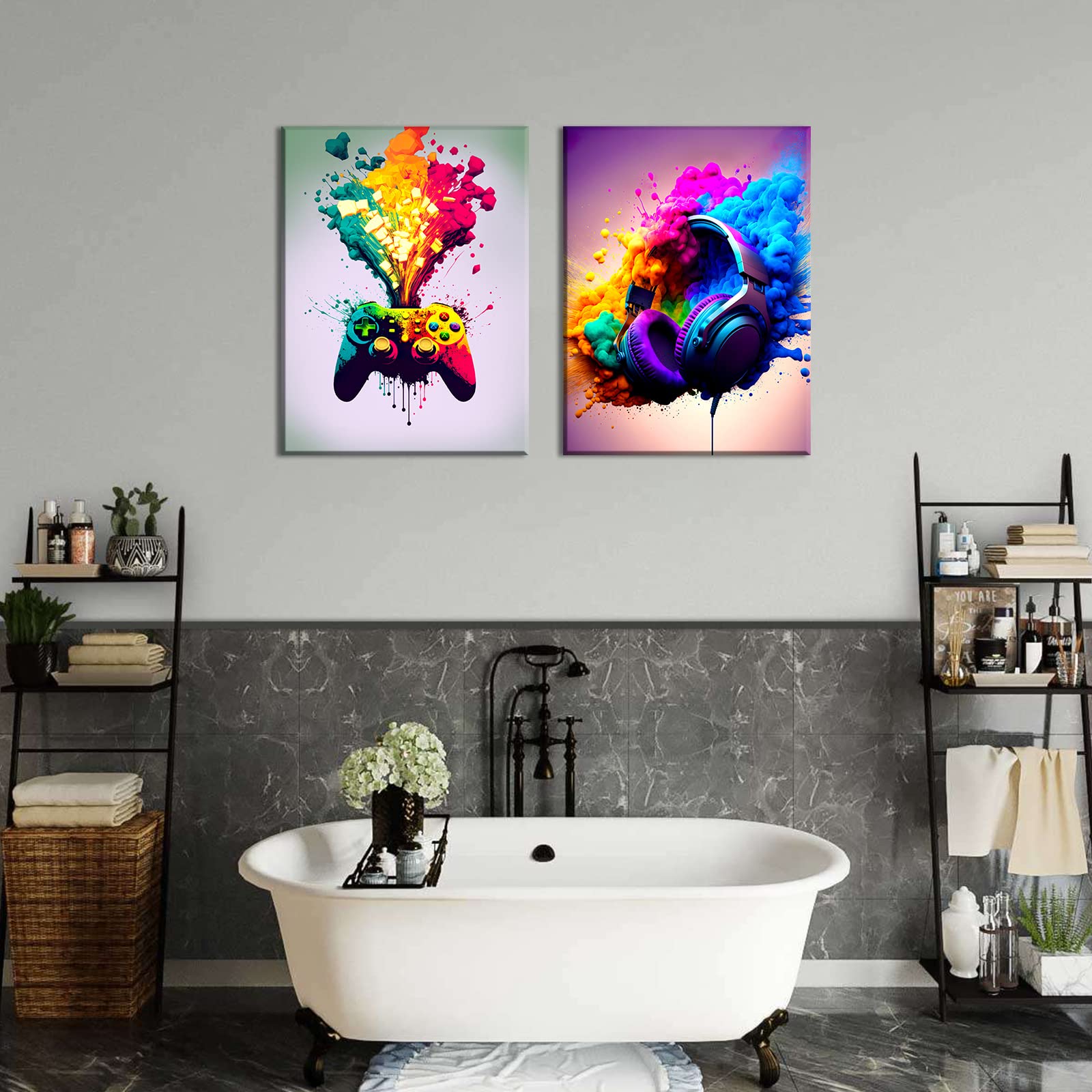 BSZY Get Videospiel-Leinwand Wandkunst Spielzimmer Dekor Coole Gaming Gemälde Spiel Bilder Kopfhörer Game Controller für Jungen Wohnheim 30,5 x 40,6 cm Set von 2 fertig zum Aufhängen