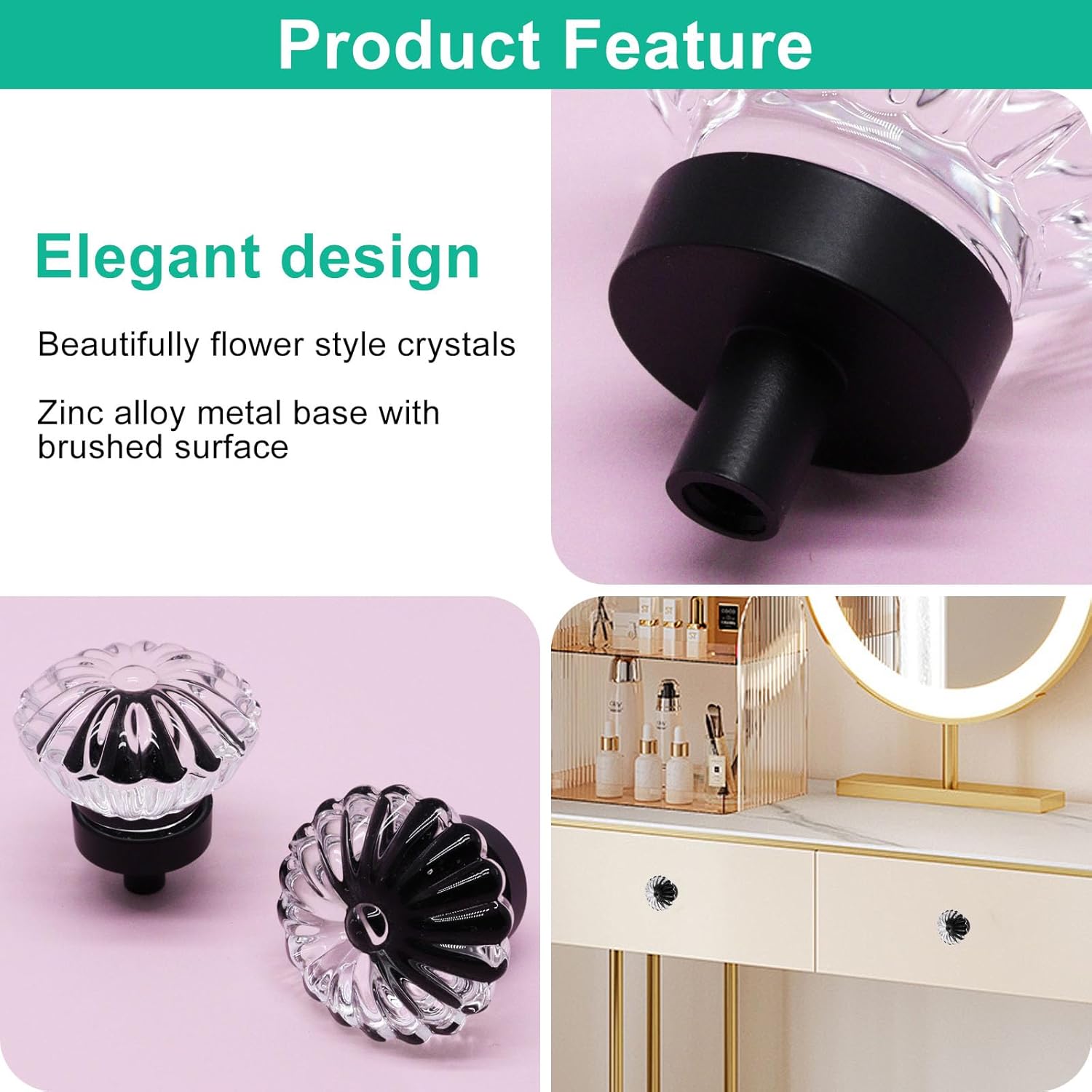 Crystal Cabinet Knobs 4 Pack, Matte Black Cabinet Knobs for Dresser Drawers, Retro Round Flower Knob for Cupboard Wardrobe, Solid Alloy Decorative Drawer Knob