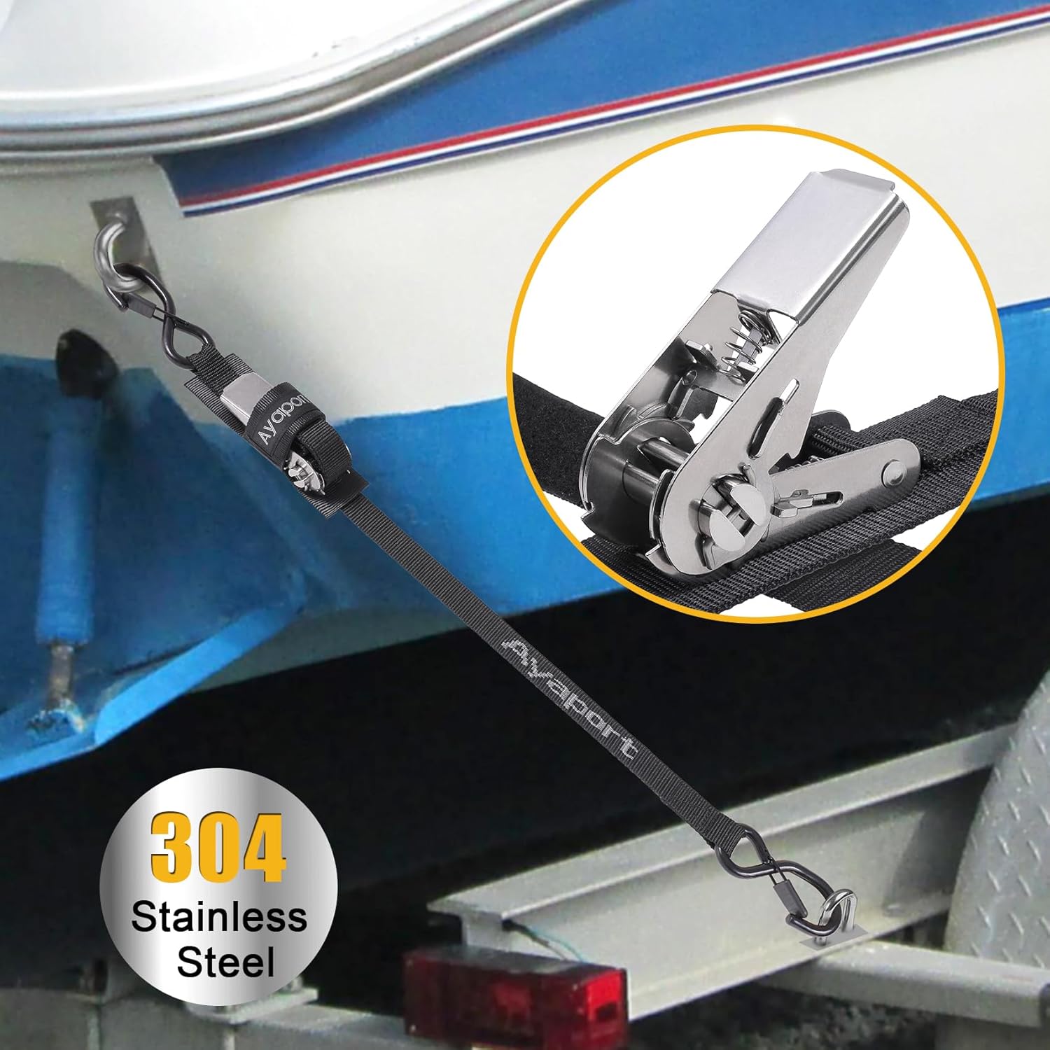 Ayaport Boat Tie Down Straps to Trailer (Stainless Steel Ratchet) 5 Feet, 2400lbs Break Strength Heavy Duty Ratchet Boat Straps, Boat Transom Straps Boat Trailer Accessories for Boating Safety, Black
