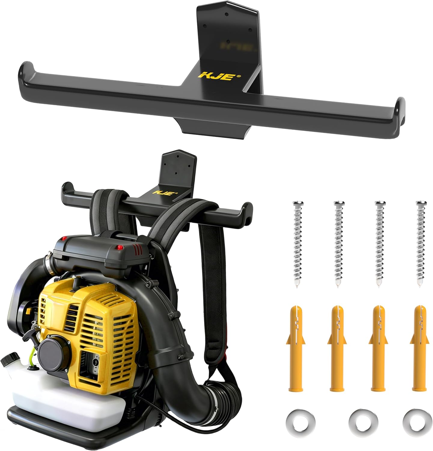 KJE 2 Pack Backpack Leaf Blower Rack Hanger - Heavy Duty Wall Mount Garage Storage Organizer with Tube Hook, for Backpack Sprayer, Chainsaw Stand,Steel Construction with Protective Coating