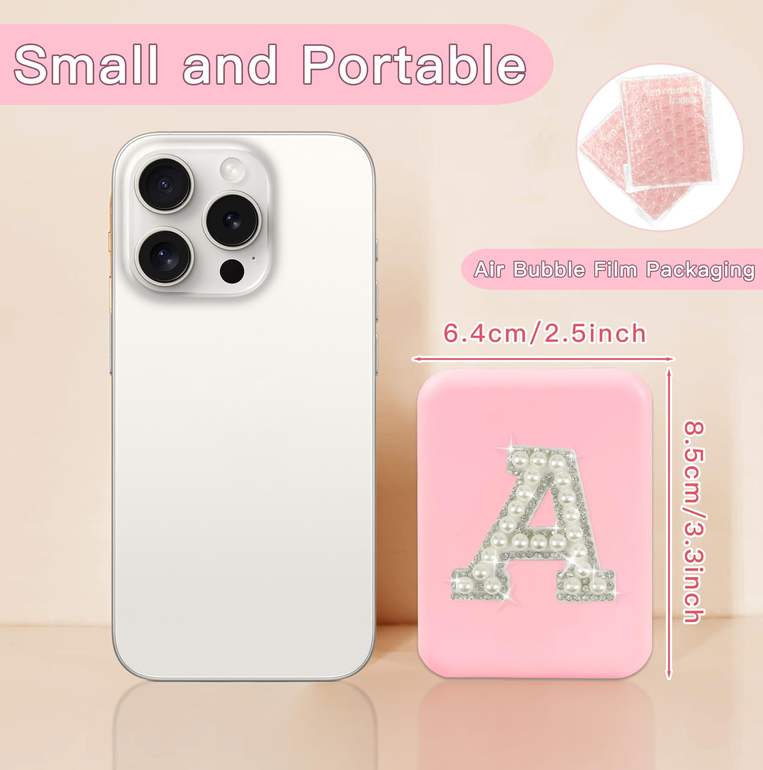 Espejo de bolsillo personalizado, accesorios de viaje, bonito espejo de maquillaje de viaje rosa de 2 lados con aumento, pequeño espejo compacto plegable portátil con inicial de perla preparada