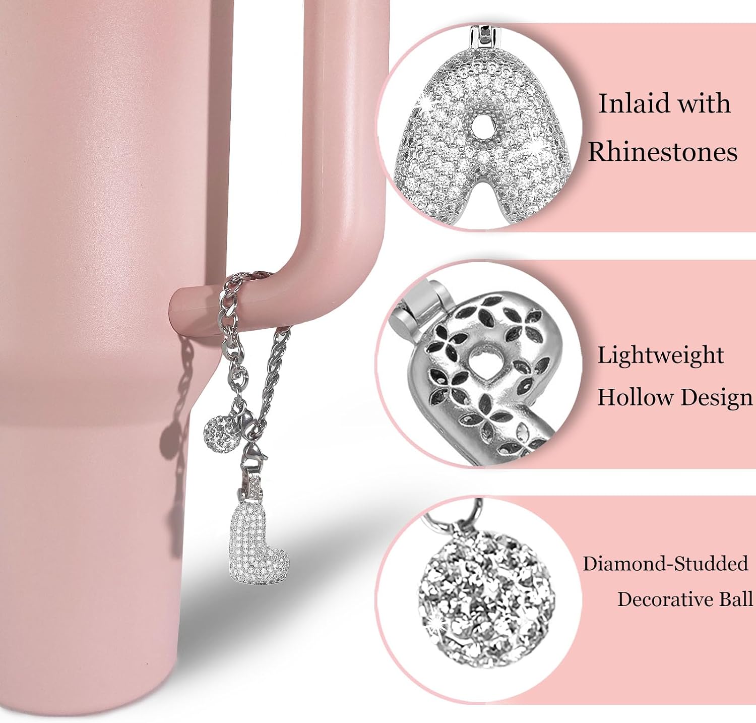 Silver Initial Charm for Stanley Cup- Bubble Letter Charms Accessories for Stanley handle 40 Oz Tumblers Cute Keychain with Diamond Glitter Jewelry Personalized Water Bottle Decorations L image 2