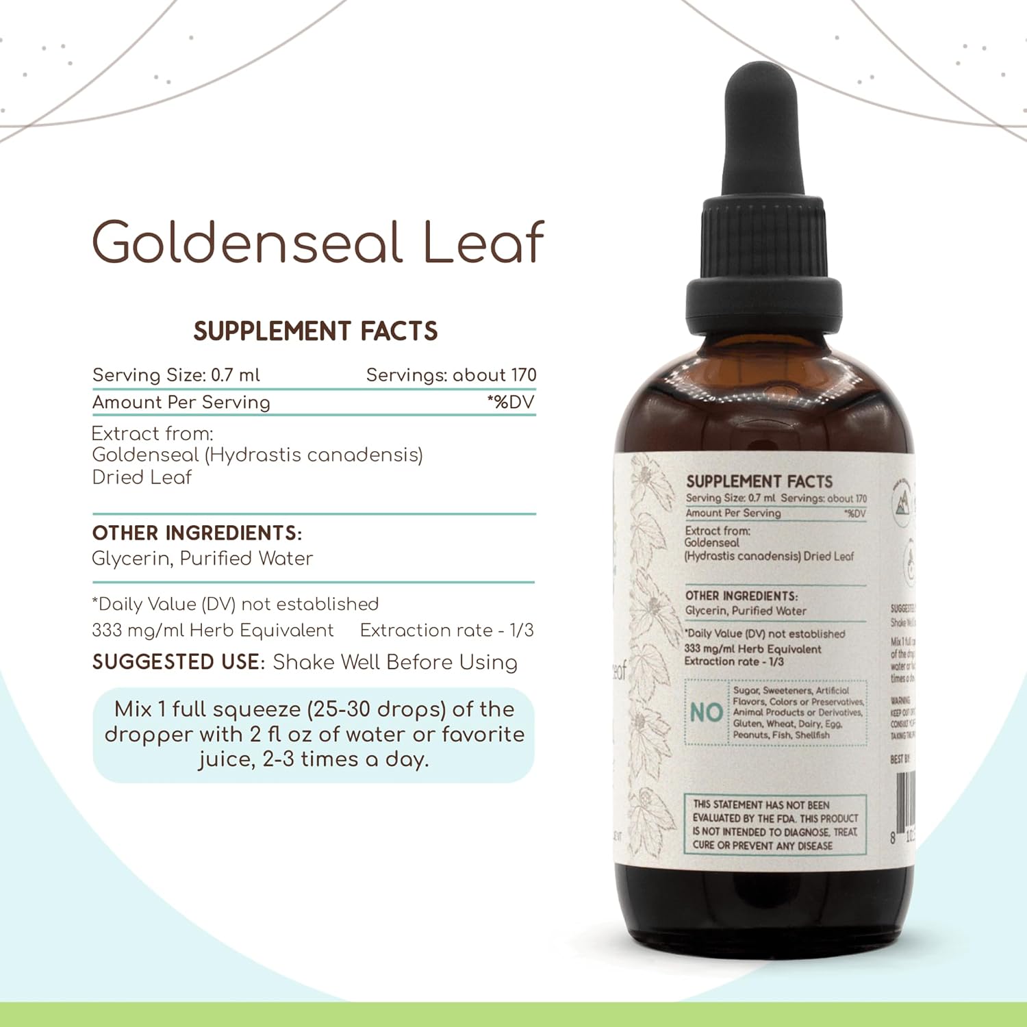 HerbEra Goldenseal Leaf B120 Alcohol-Free Herbal Extract Tincture, Super-Concentrated Responsibly farmed Hydrastis Canadensis Dried Leaf (4 fl oz)