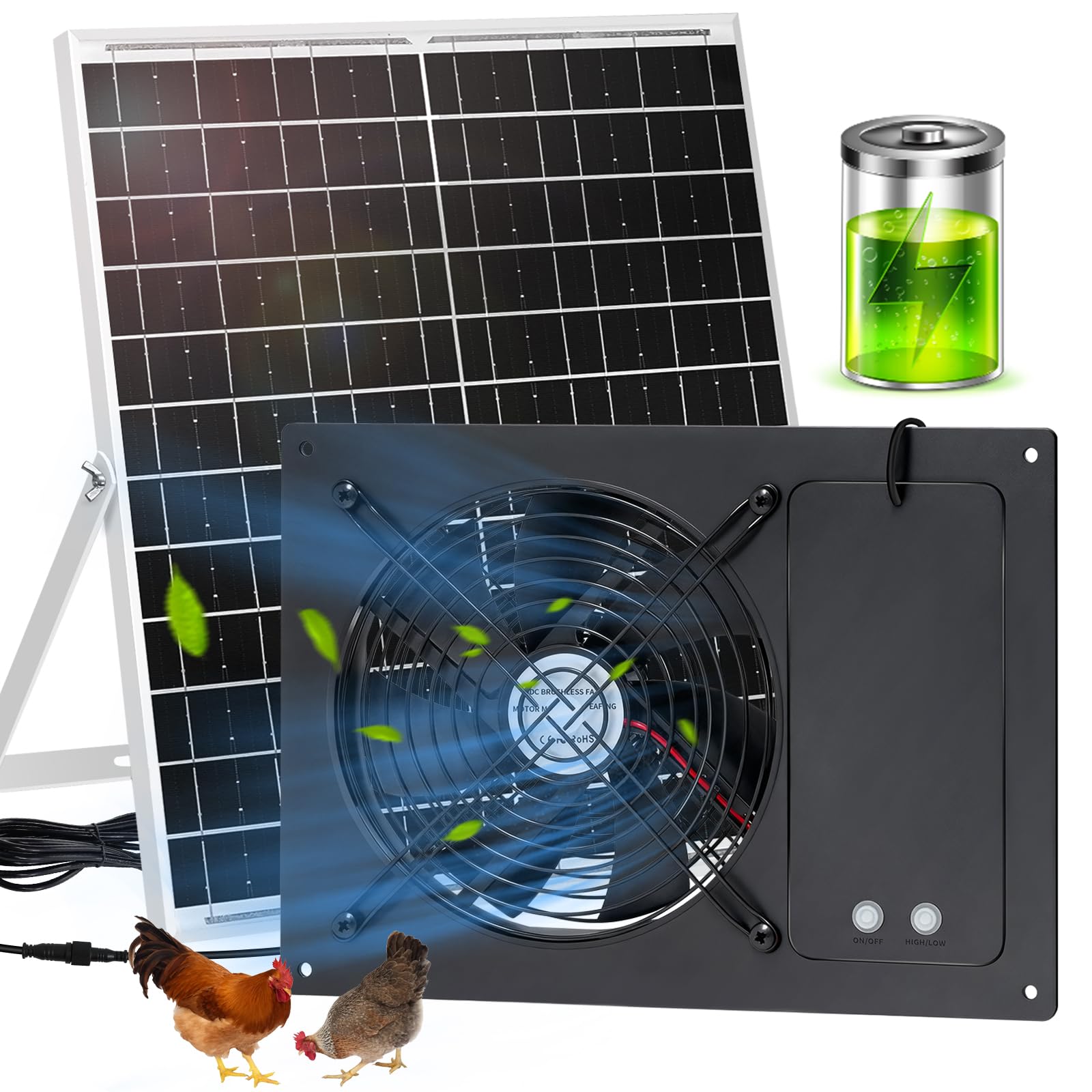 25W Solar Exhausted Fan with Battery, 7.1' Solar Powered Ventilation Fan