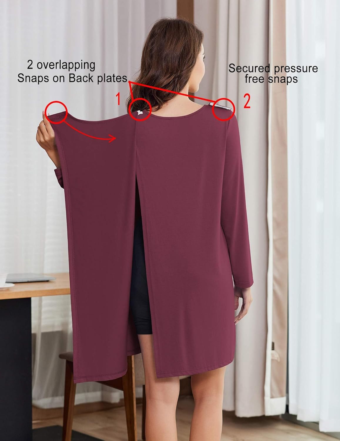 Deyeek Hospital Gowns for Women Open Back Tear Away Post Surgery Dress Long Sleeve with Shoulder Snaps Adaptive Nightgowns - Image 6