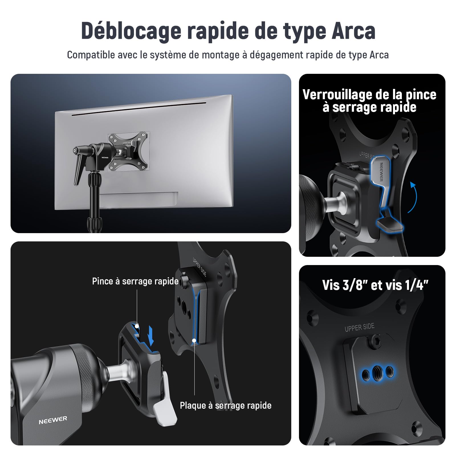 NEEWER Adaptateur de Montage pour Moniteur VESA avec Dégagement Rapide Arca,Tête Sphérique Rotative à 360°,Vis M4 et Adaptateur Support de Lumière Récepteur 5/8" pour écran TV,Charge Max:20kg,MA016
