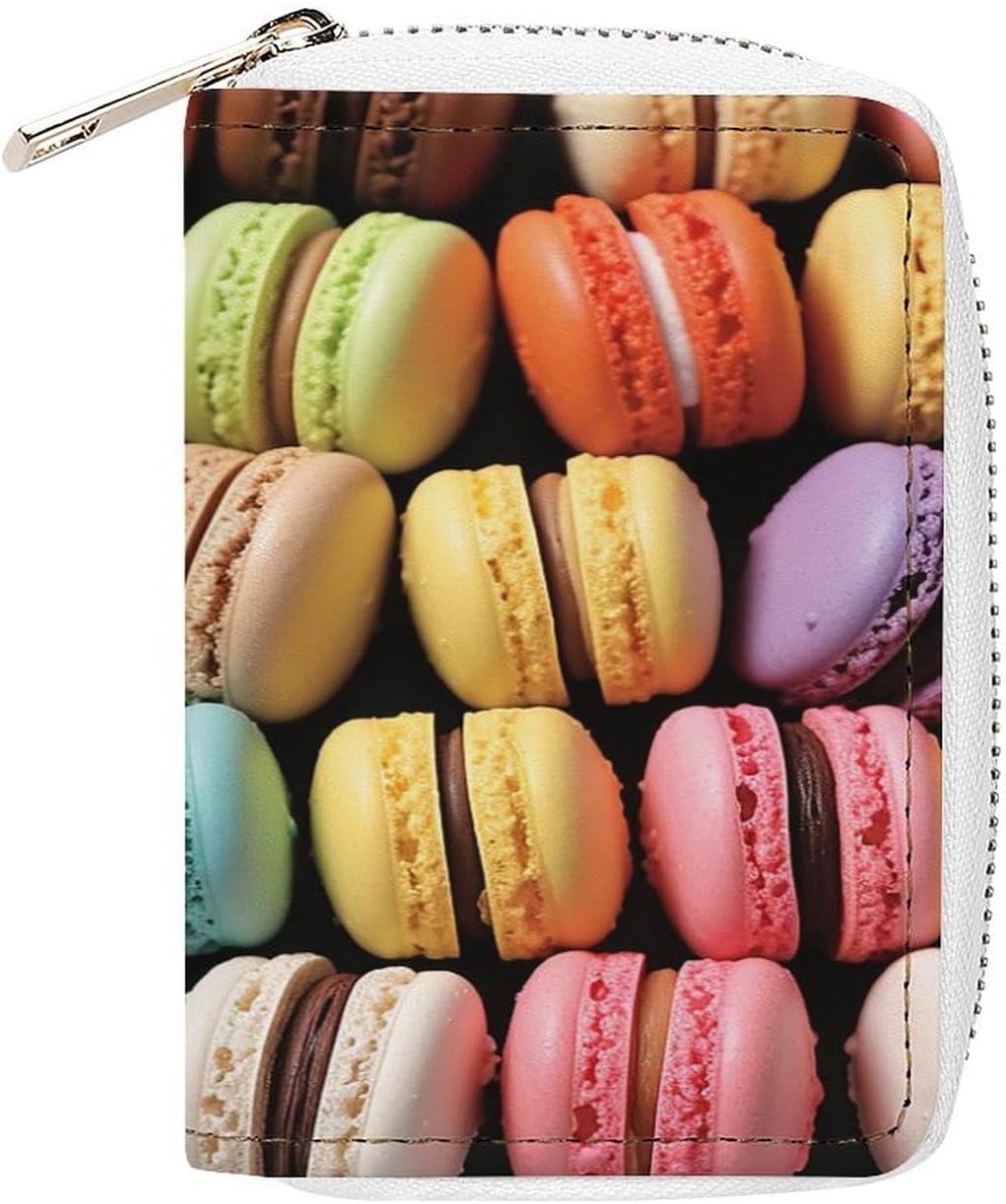 Leather Card Organizer Case Card Wallet Credit Card Holder Macaron Biscuit Flavored Pastries Printed Zipper Card Cases Holder for Women Men