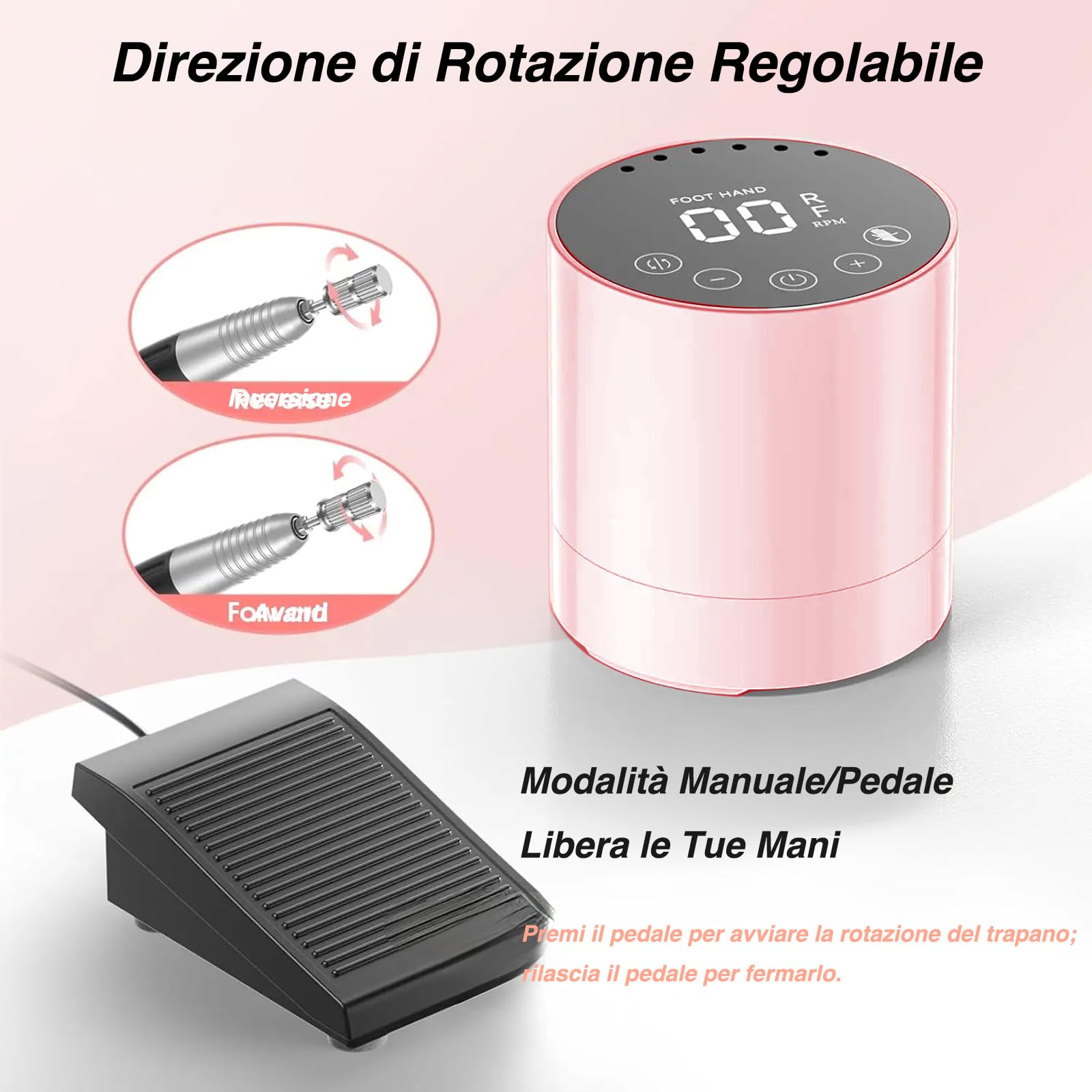 VOLTIX Fresa per Unghie Professionale 35000RPM - Lima Elettrica con Pedale, 6 Frese e Accessori Inclusi, Set Manicure e Pedicure Elettrico per Unghie Acriliche, Gel e Nail Art (Rosa)