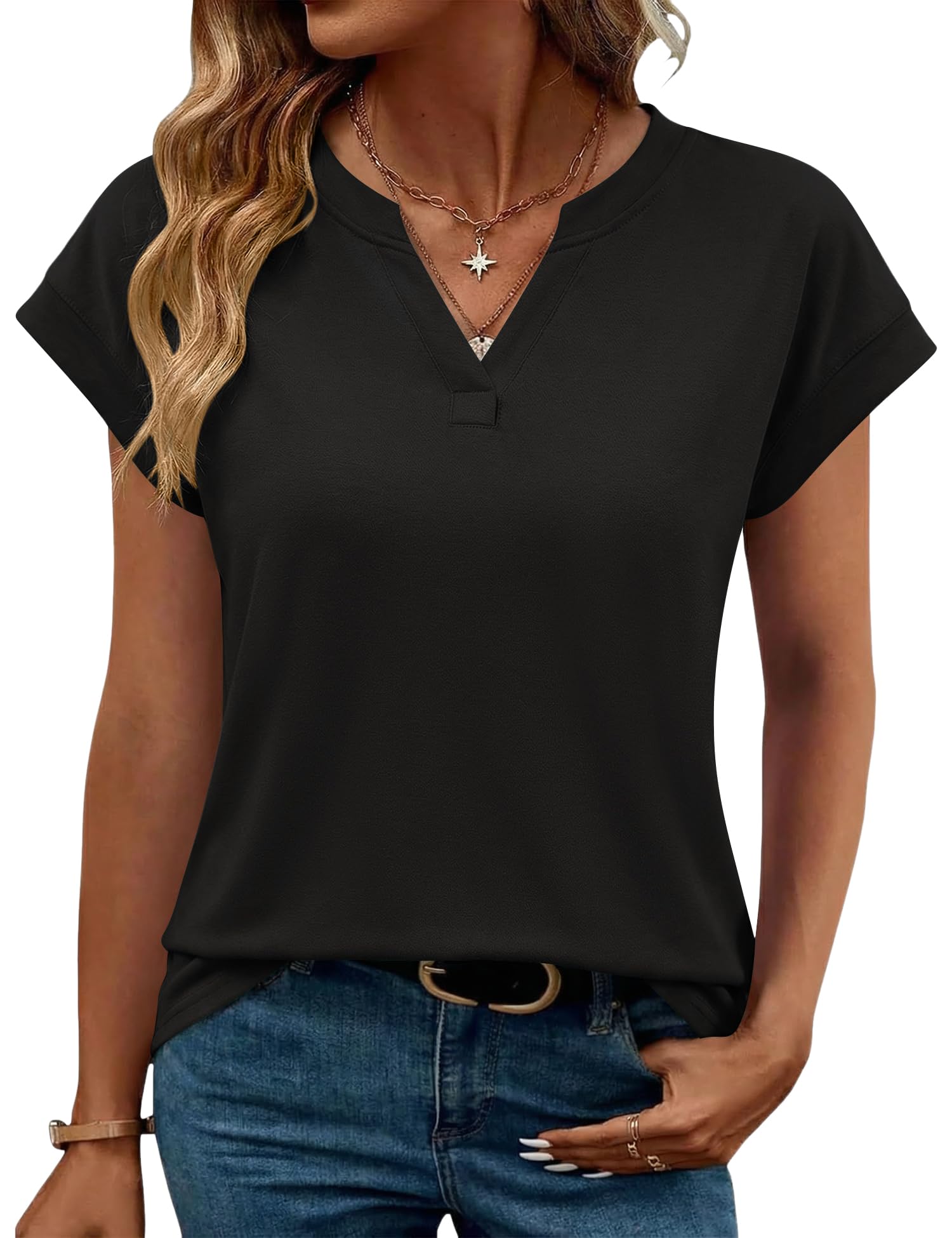 Rapbin Bluse Damen Tops Sommer Kurzarm Bluse Damen Casual Elegant Oberteile Basic V-Ausschnitt Tank Top Outfit