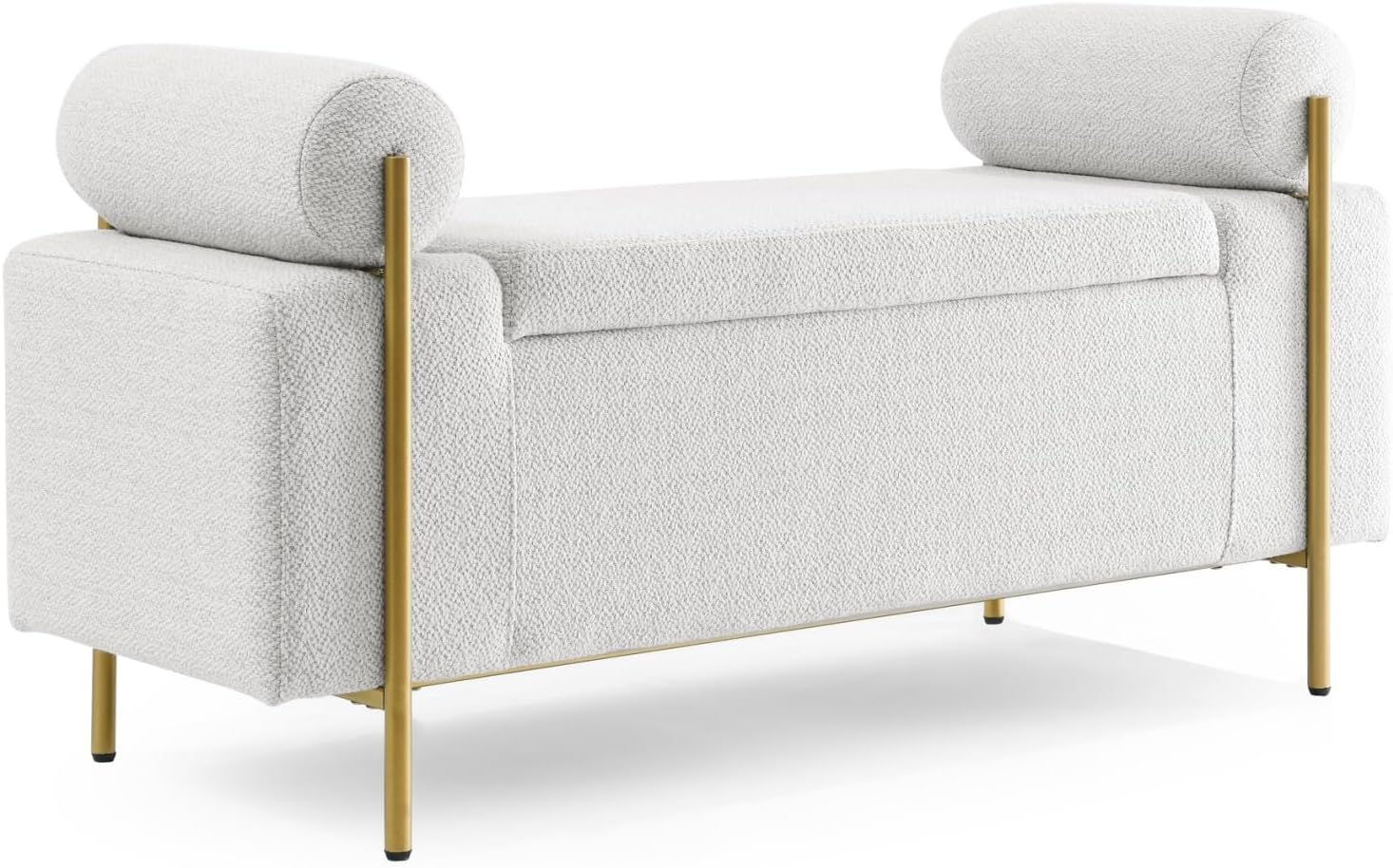 KEIKI Linen Ottoman Bench with Storage & Cylindrical Armrest, Upholstered Seating Foot Rest Stool Furniture for Bedroom, Living Room, Entryway, White
