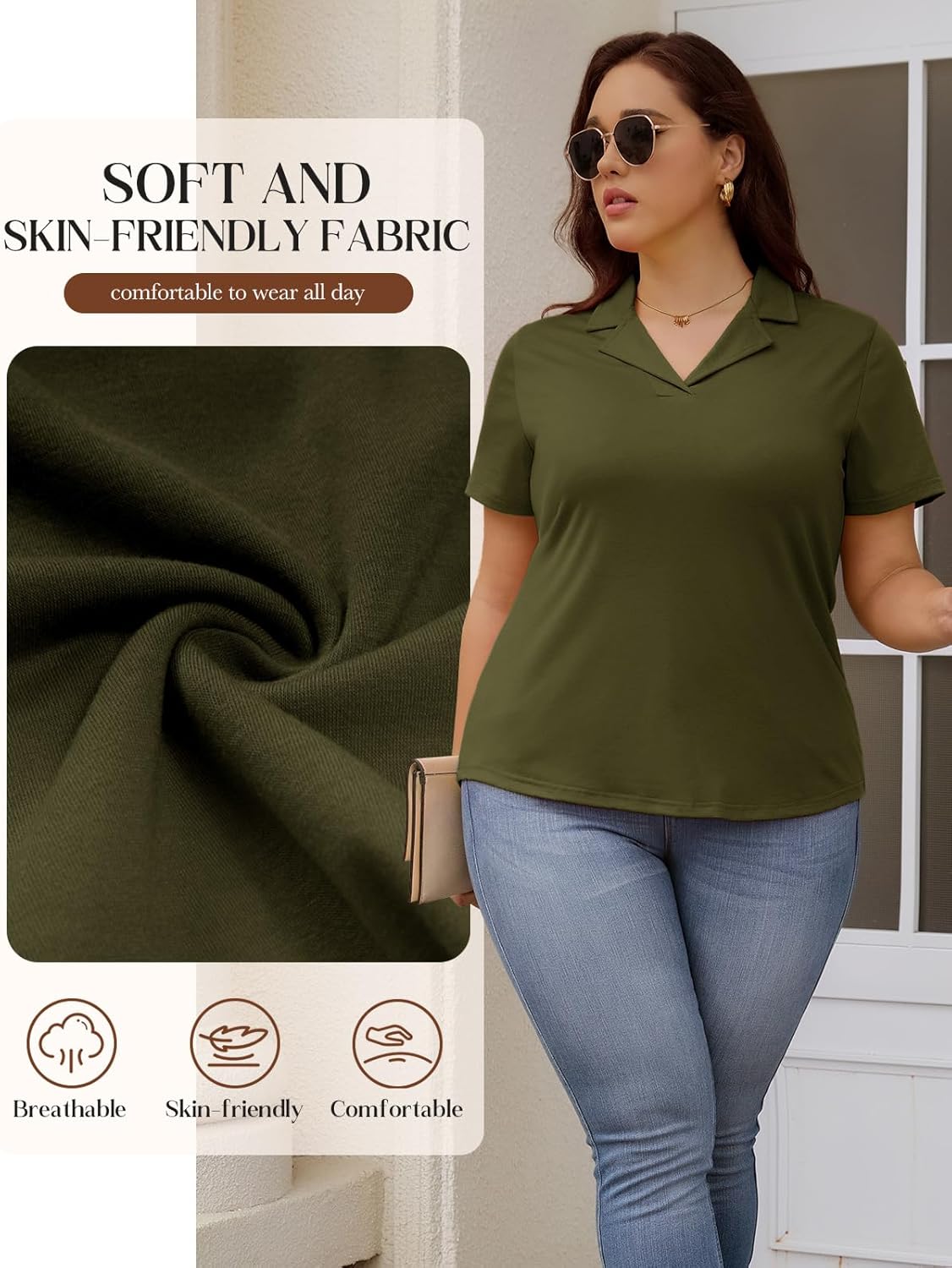 Plus Size Polo Shirts Women Summer Short Sleeve Collared V Neck Business Tops Casual Soft Shirts XL-4XL - Image 5