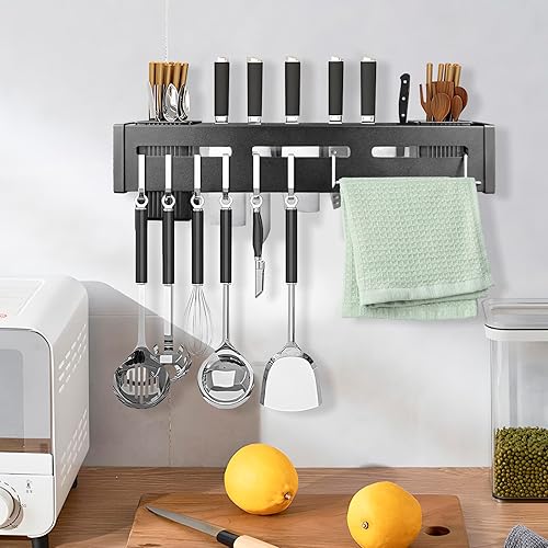 Miniatura 7 de Soporte para cuchillos de cocina de acero inoxidable de 16 pulgadas montado en la pared con ganchos, tira adhesiva resistente para cuchillos de