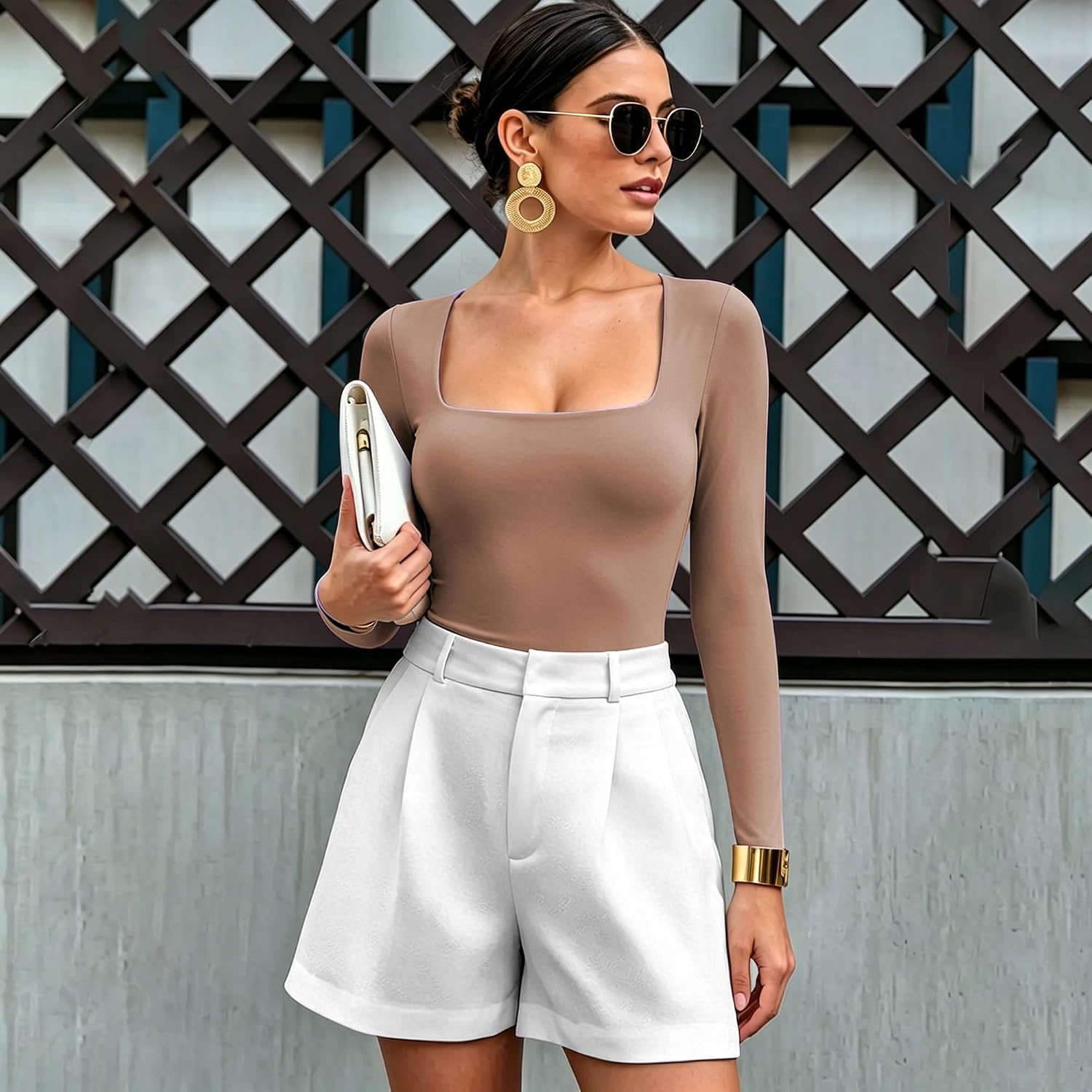 Womens Long Sleeve Bodysuit, Square Neck Fitted Going Out Tops, Smooth Basic Thong Body Suits for Women