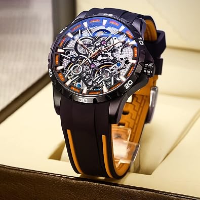 Men's Skeleton Watches Automatic Mechanical Watch with Dual Balance Wheels (Black Orange)