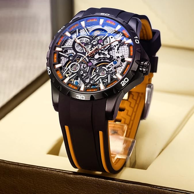 Men's Skeleton Watches Automatic Mechanical Watch with Dual Balance Wheels (Black Orange)