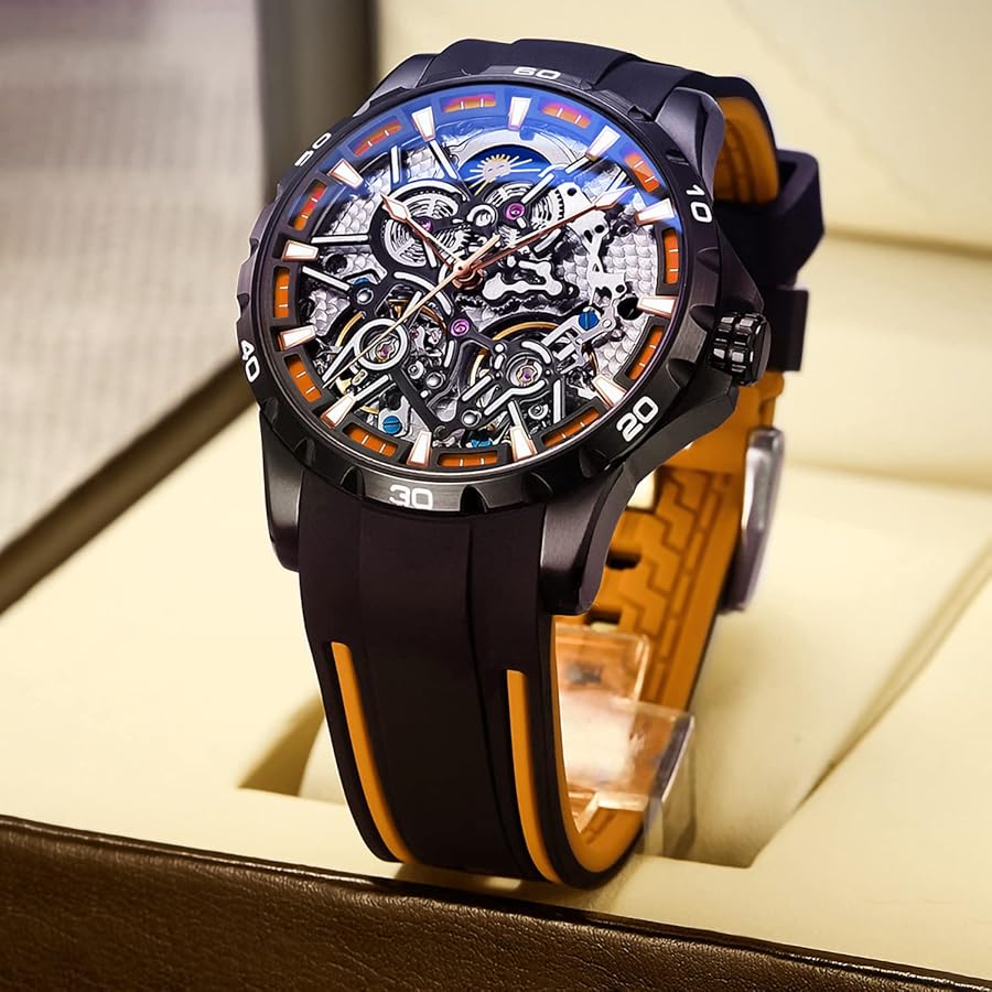 Amazon | 腕時計 メンズ スケルトン自動巻き デュアル 振り子車