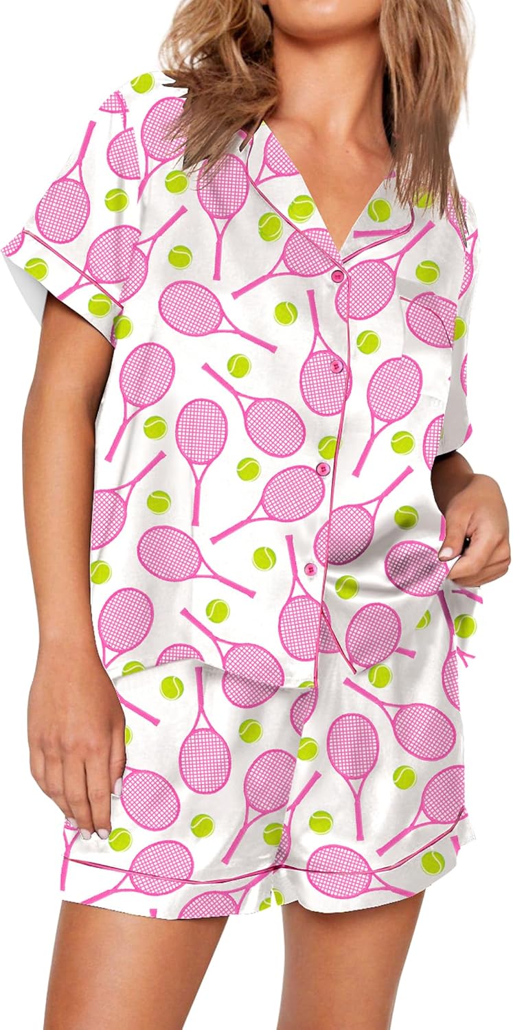 SHESHOW Pajamas for Women Set Satin Button Down Short Sleeve Top and Shorts Pjs Sets Sport Ball Print Sleepwear XS-XXL
