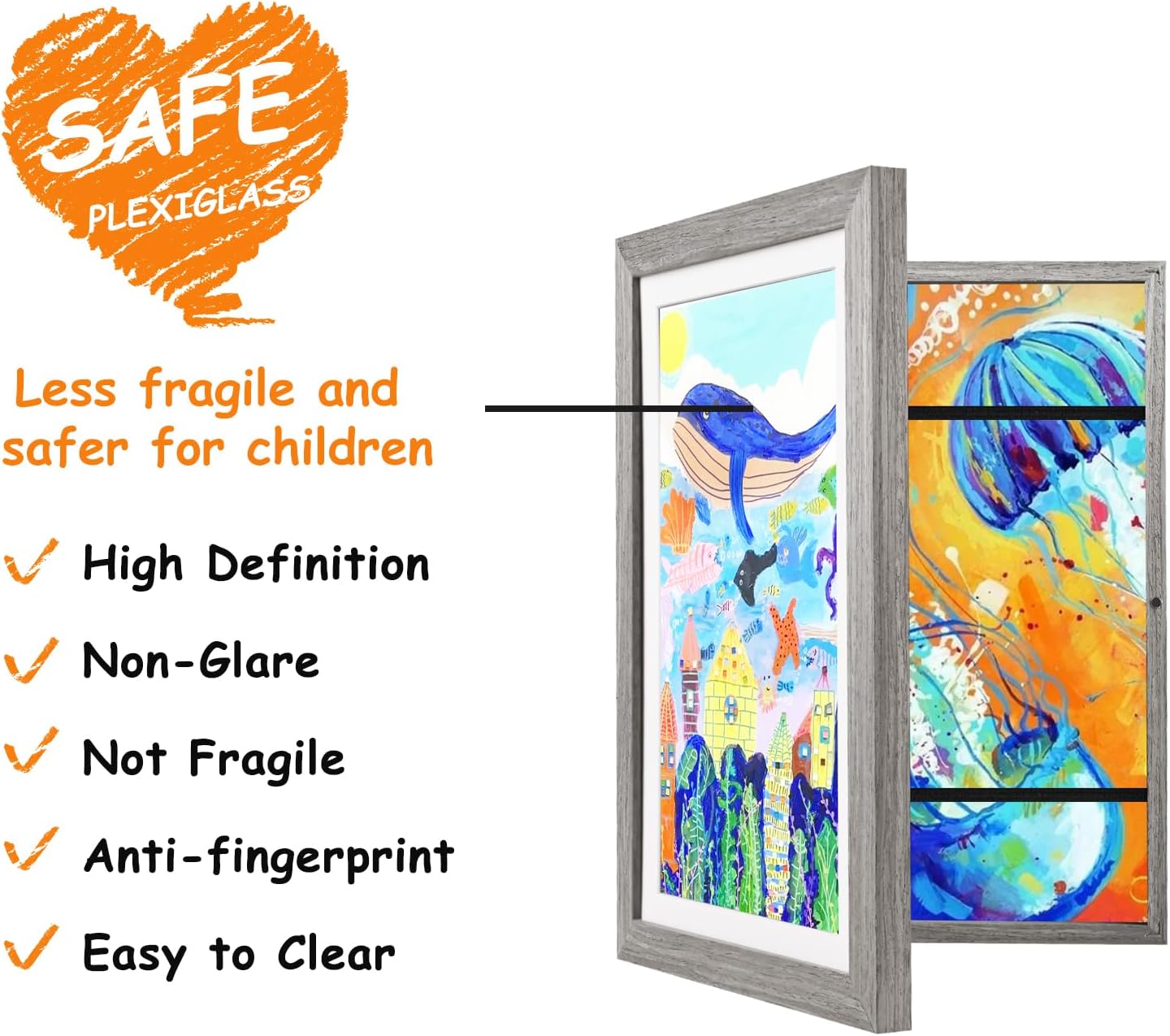 KINLINK 10x12.5 Kids Art Frames Set of 2, Solid Wood Kids Artwork Frames Changeable with Acrylic Front Opening Holds 150 Pictures, Art Frame for Kids Artwork with Mat or without Mat, Black Wood