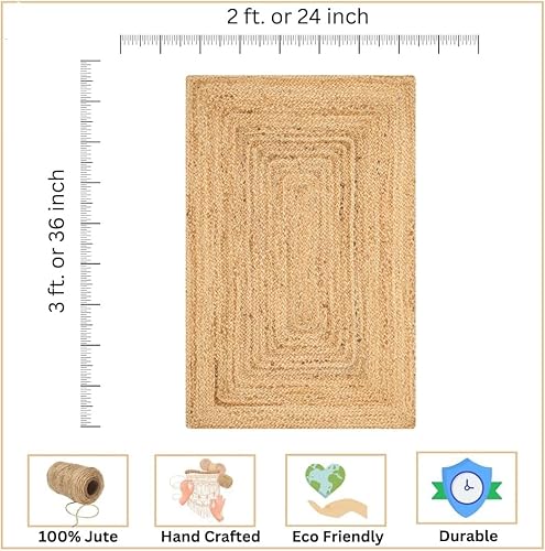 KEMA Alfombra trenzada rectangular de yute tejida a mano de 2 x 3 pies, alfombra bohemia reversible natural para entrada, cocina, sala de estar y