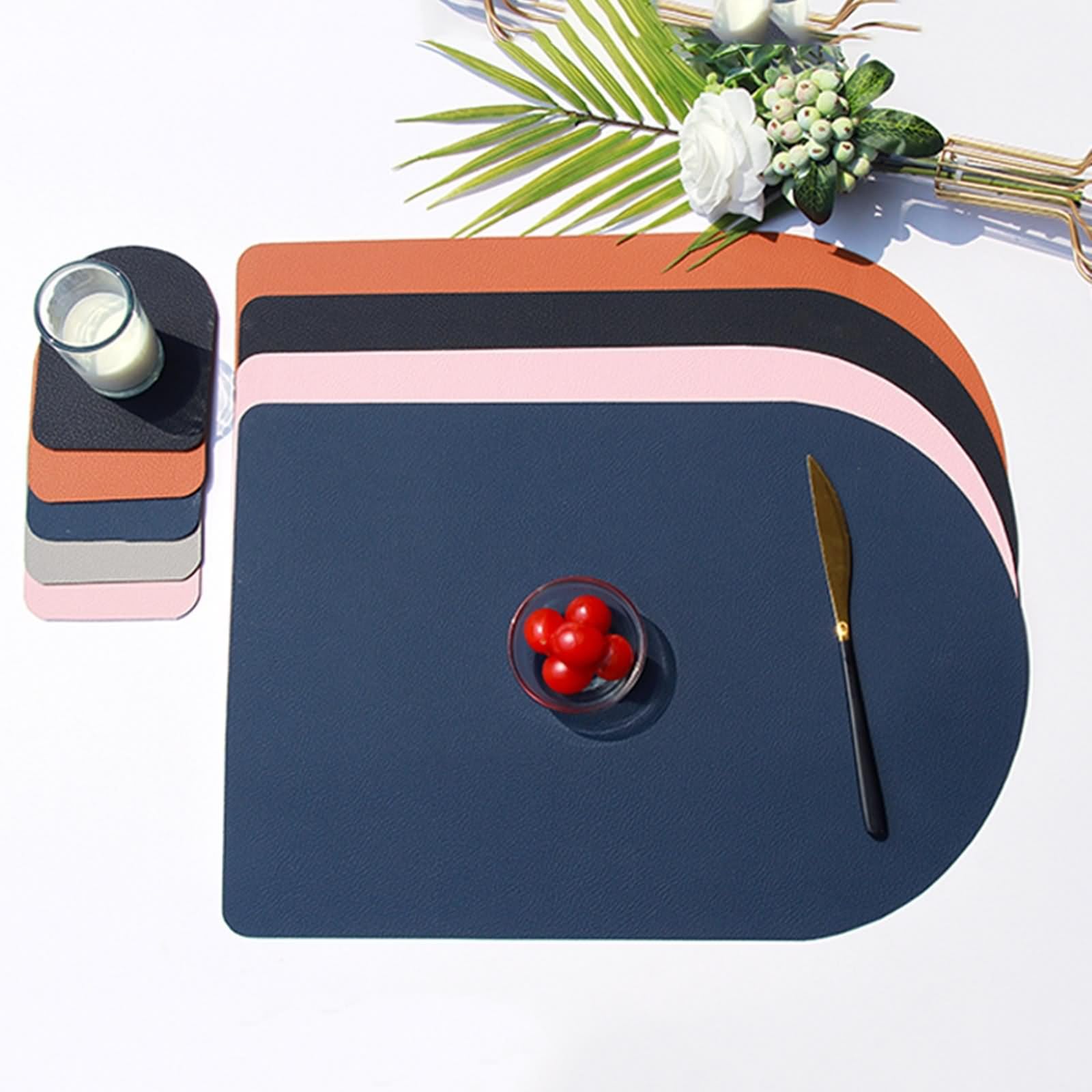 Platzsets Country, Platzset 6er Set 30x44cm Wendbarer Zweifarbiger Uni-Look mit Untersetzer PU Leder Marineblau Grau