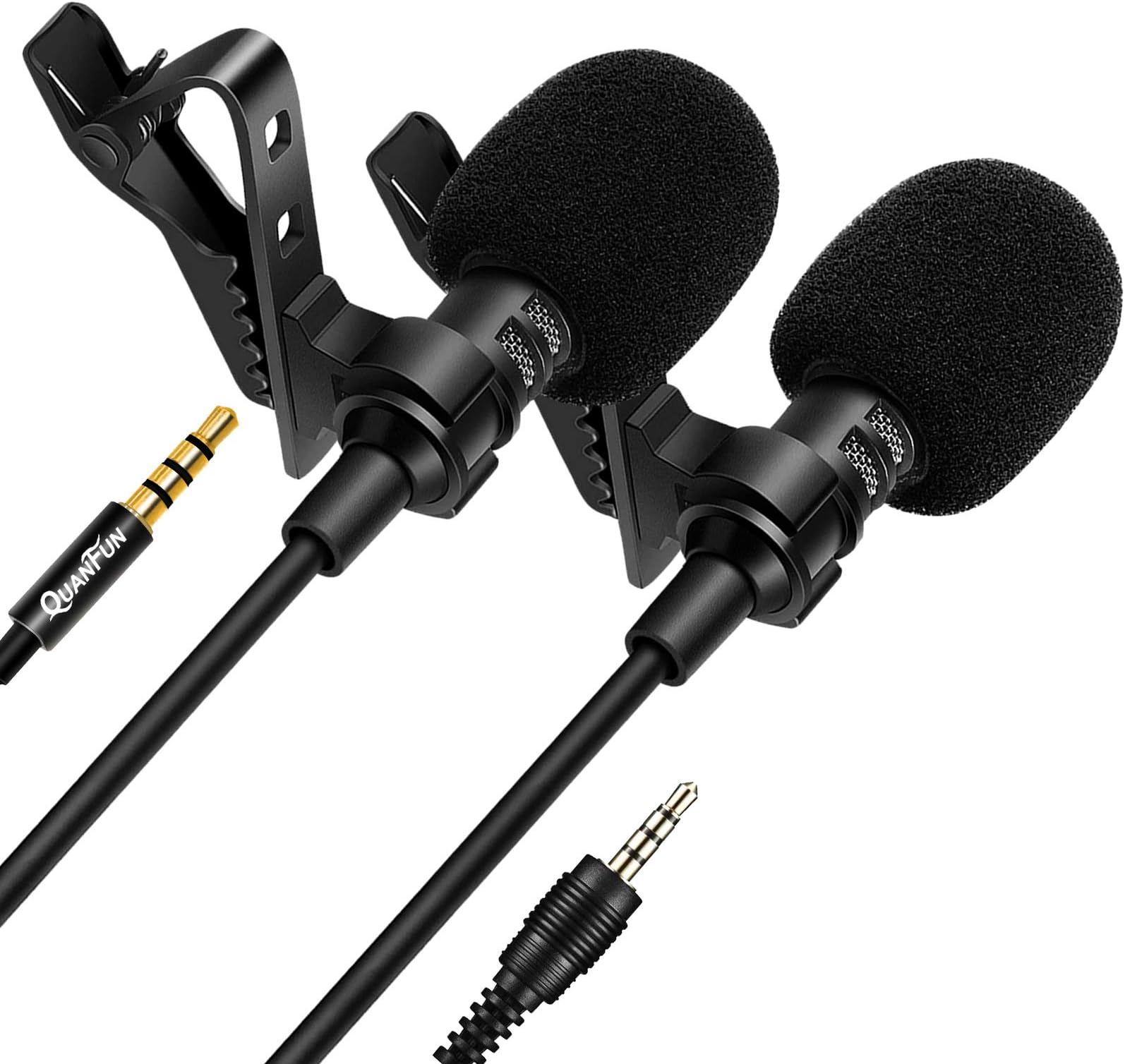 Lavalier Microphone, QUANFUN Professional Omnidirectional Lapel Mic Mini Microphone for Recording Youtube/iPhone/Android/Laptop/DSLR/PC; Work from home - 2 Pack Bundle (5ft)