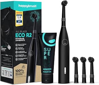 happybrush® [Testsieger 2024*] Elektrische Zahnbürste Eco R2 - Nachhaltige rotierende Zahnbürste mit Power-Akku inkl. 3 Aufsteckbürsten und Zahnpasta Schwarz, von Zahnexperten empfohlen