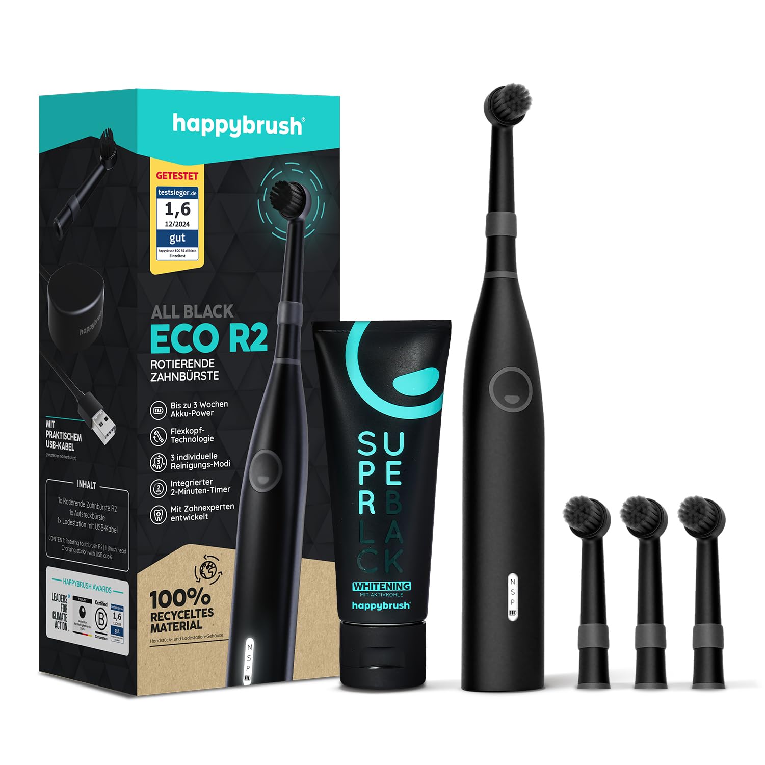 happybrush Eco R2 Brosse à Dents Électrique Rechargeable – Set de Démarrage Durable – 3 Modes de Nettoyage – Piles, 3 Brossettes & Dentifrice au Charbon Actif Inclus – Noir